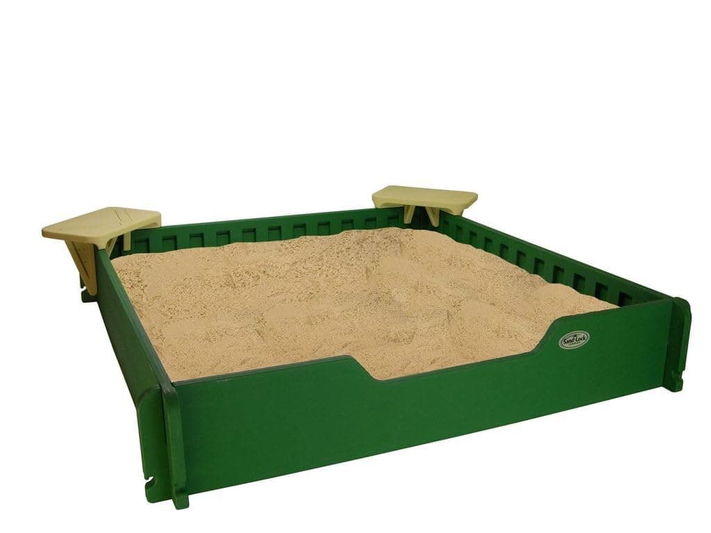 5x5 SandLock Plastic Sandbox for Kids Outdoor Play. w/ Cover, Ground Barrier, 2 Corner Seats