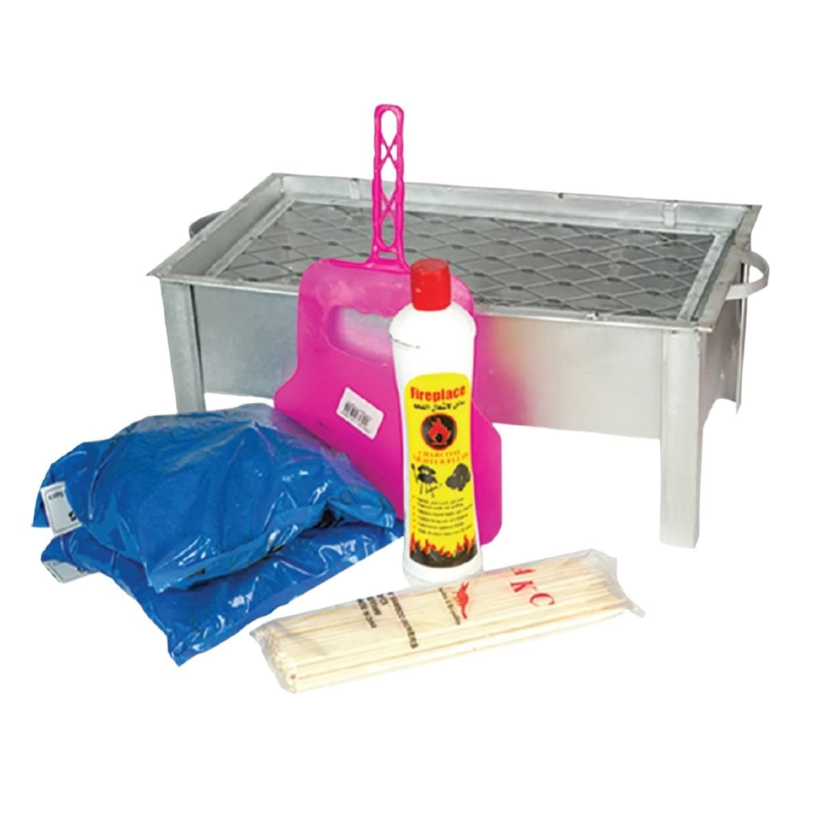 GO2CAMPS Alsaqer Galva Tin Made BBQ grill,BBQ Grill wooden Handle,Charcoal,BBQ Fan,Bamboo Skewers,Charcoal Gel, Camping Trip Full Sett (Compo Sett)