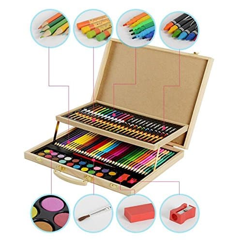 KIDDYCOLOR Wood Art Drawing Set for Kids in Wooden Case,Painting, Good for Gifts108 pcs