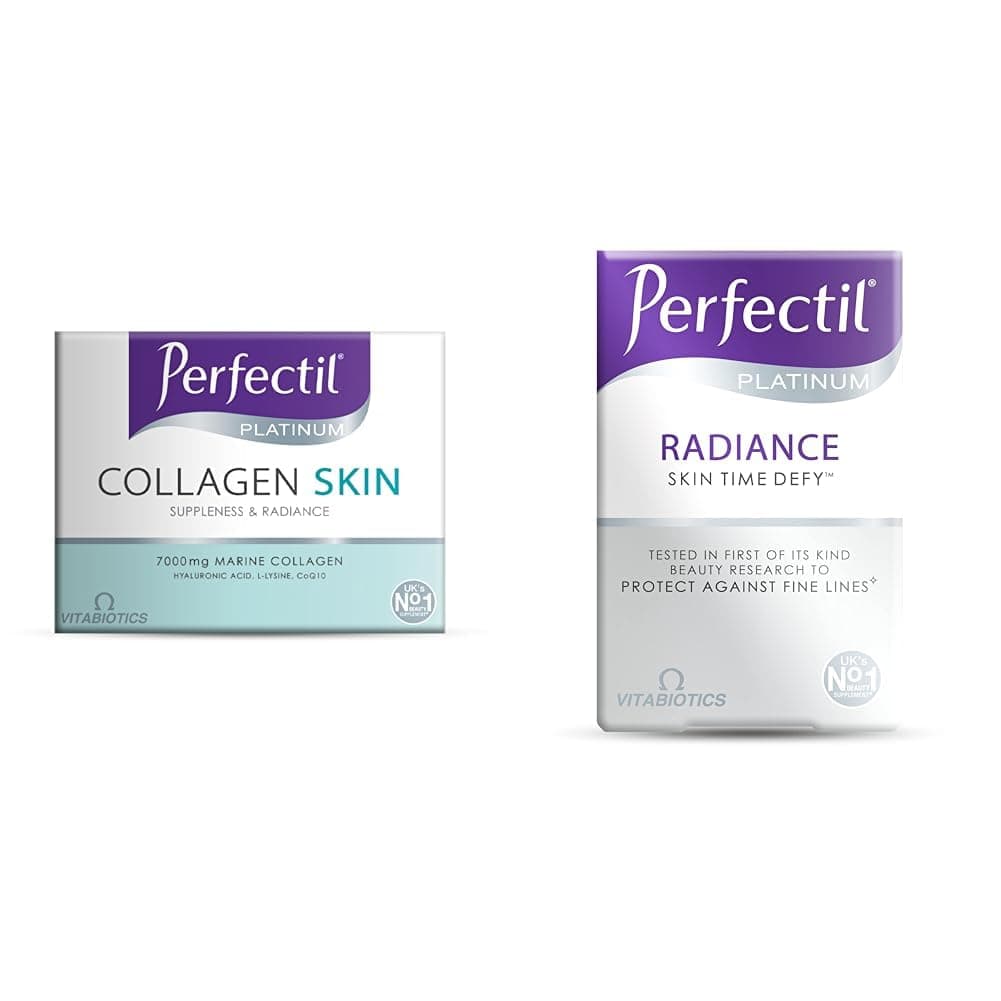 Bundle of Perfectil Platinum Collagen Drink Supplement for Women Skin - 10 x 50 ml vials + Perfectil Platinum Skin Radiance Tablets with Time-Defy Complex, by Vitabiotics