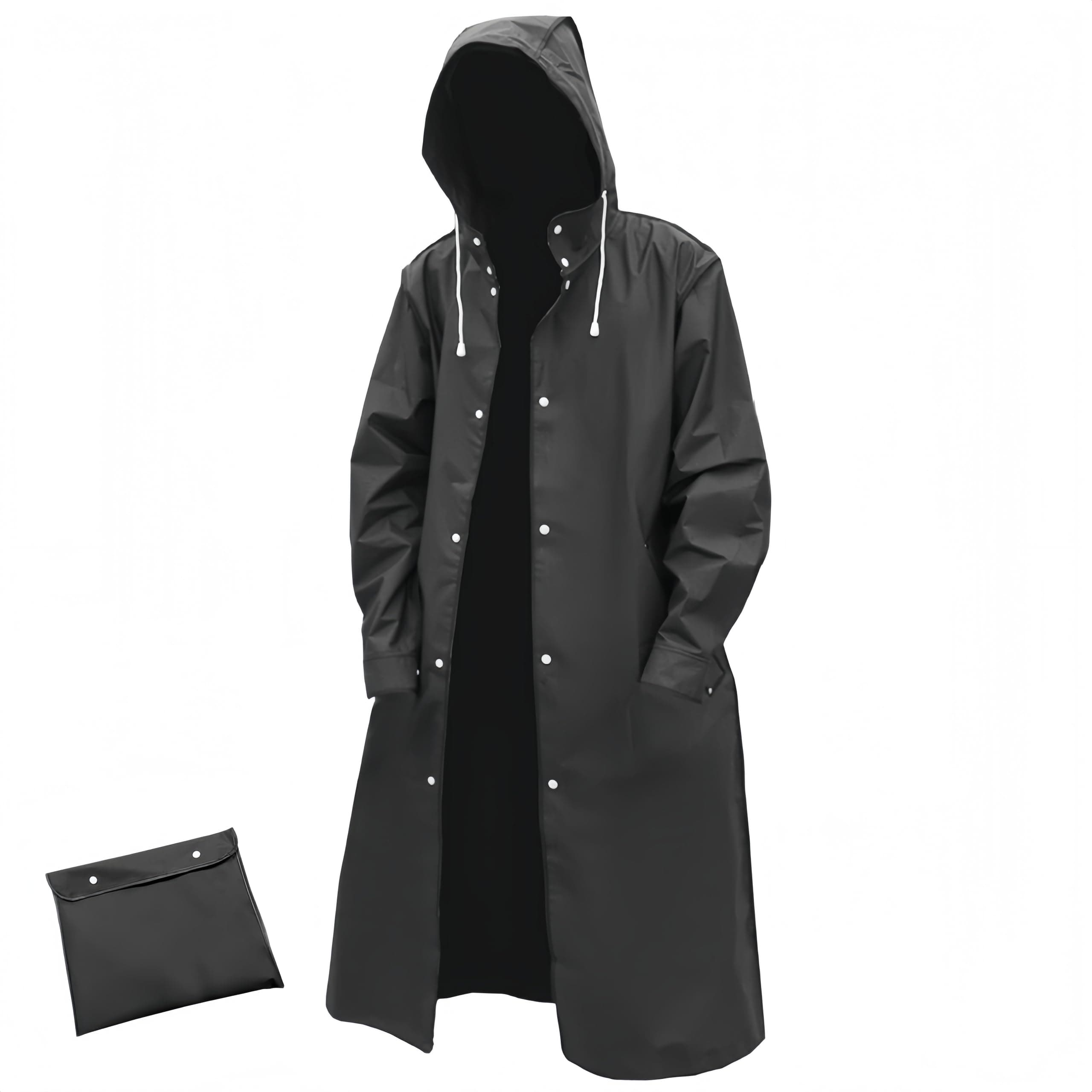 Men Black Waterproof Long Raincoat Rain Coat Hooded Trench Jacket Outdoor Hiking Motorcycle Rain Coat