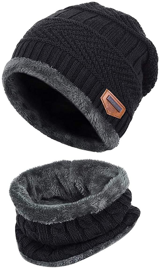 Childrens/Kids Warm Knitted Beanie Hat and Circle Scarf Set (Black)