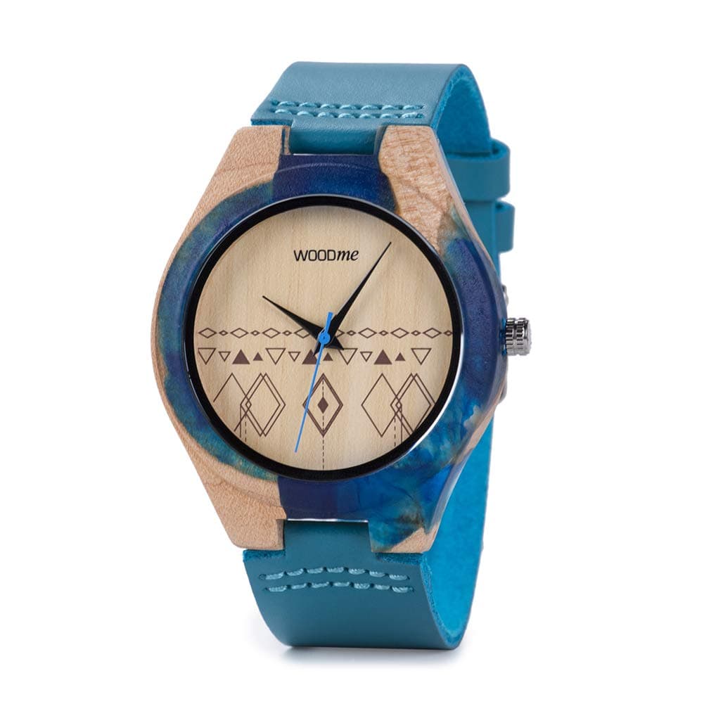 WOODME Wooden Watches for Men Women Large Dial Resin Filling Design Luxury Lightweight Casual Quartz Wood Watch with Blue Cowhide Leather Band