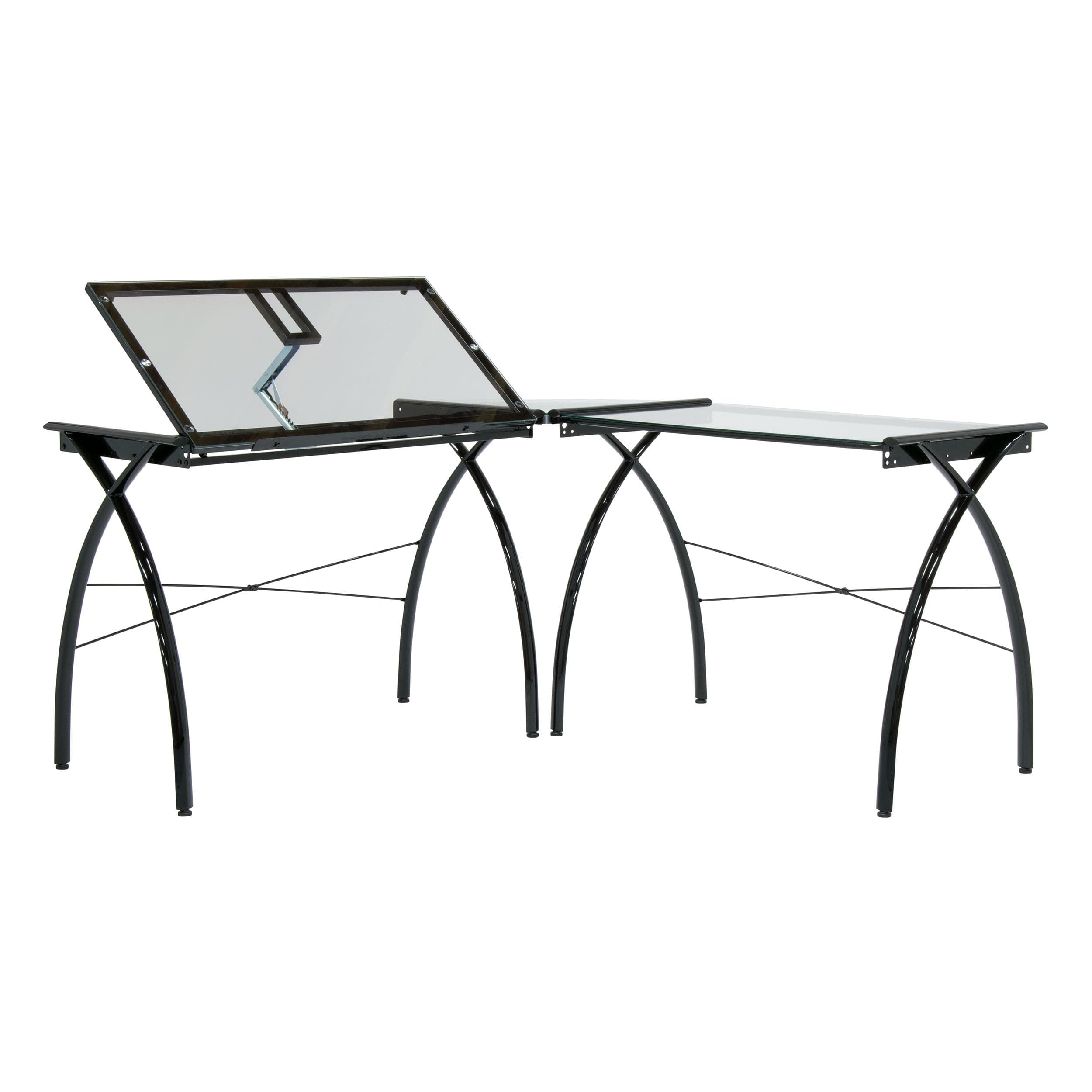SD STUDIO DESIGNS Futura LS WorkCenter with Tilt Top Adjustable Drafting Craft Drawing Hobby Table Writing Studio Desk, Black/Clear Glass, Metal Plastic, 59" W x 59" D x 30" H