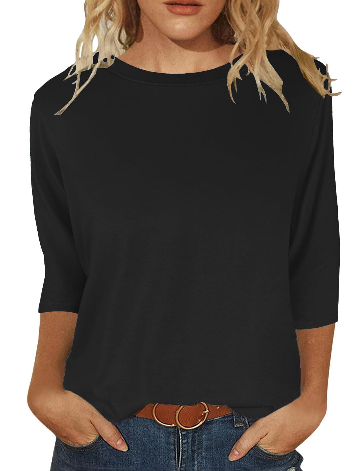 Womens Tops 3/4 Sleeve Shirts Round Neck Loose Casual Blouses Solid Color Tshirts