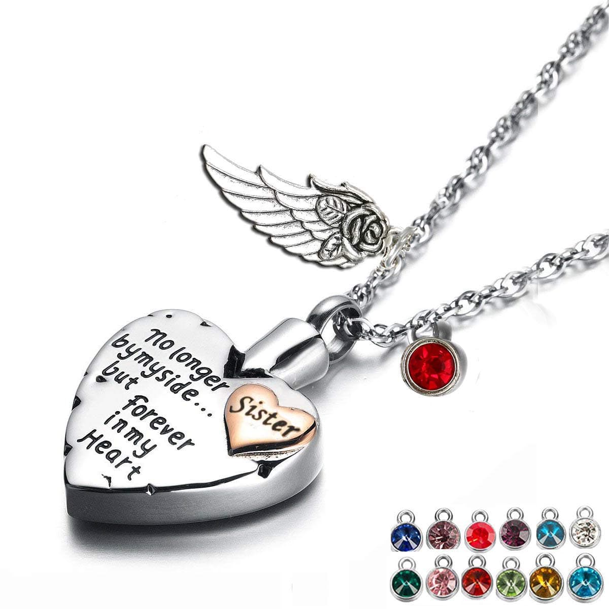 PREKIARHeart Cremation Urn Necklace for Ashes Angel Wing Jewelry Memorial Pendant and 12 PCS Birthstones No Longer by My Side But Forever in My Heart