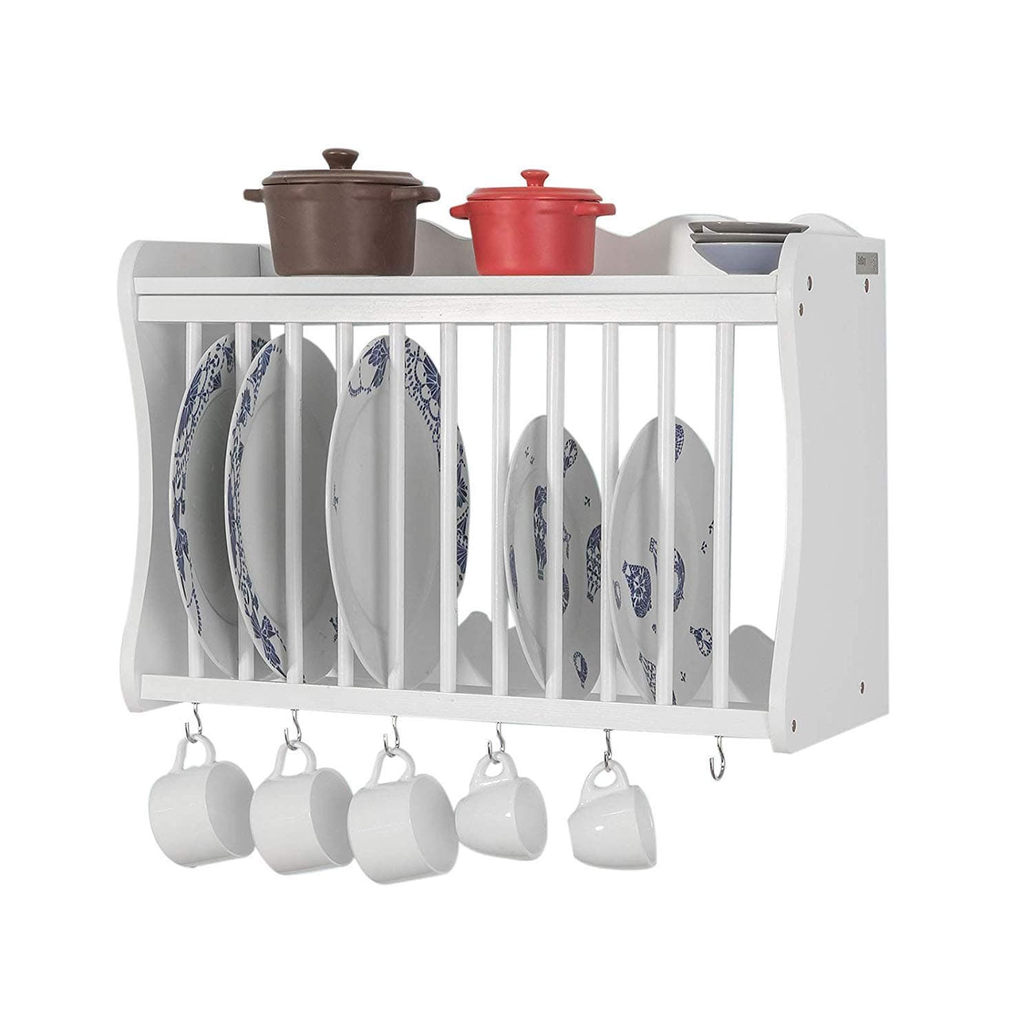 Ryori Plate and Mug Rack - White Wall-Mounted Storage Shelves with Hooks for Hanging - Perfect for Plates, Mugs, and Small Bowls - Space-Saving Wooden Dish Holder for Kitchen Organisation