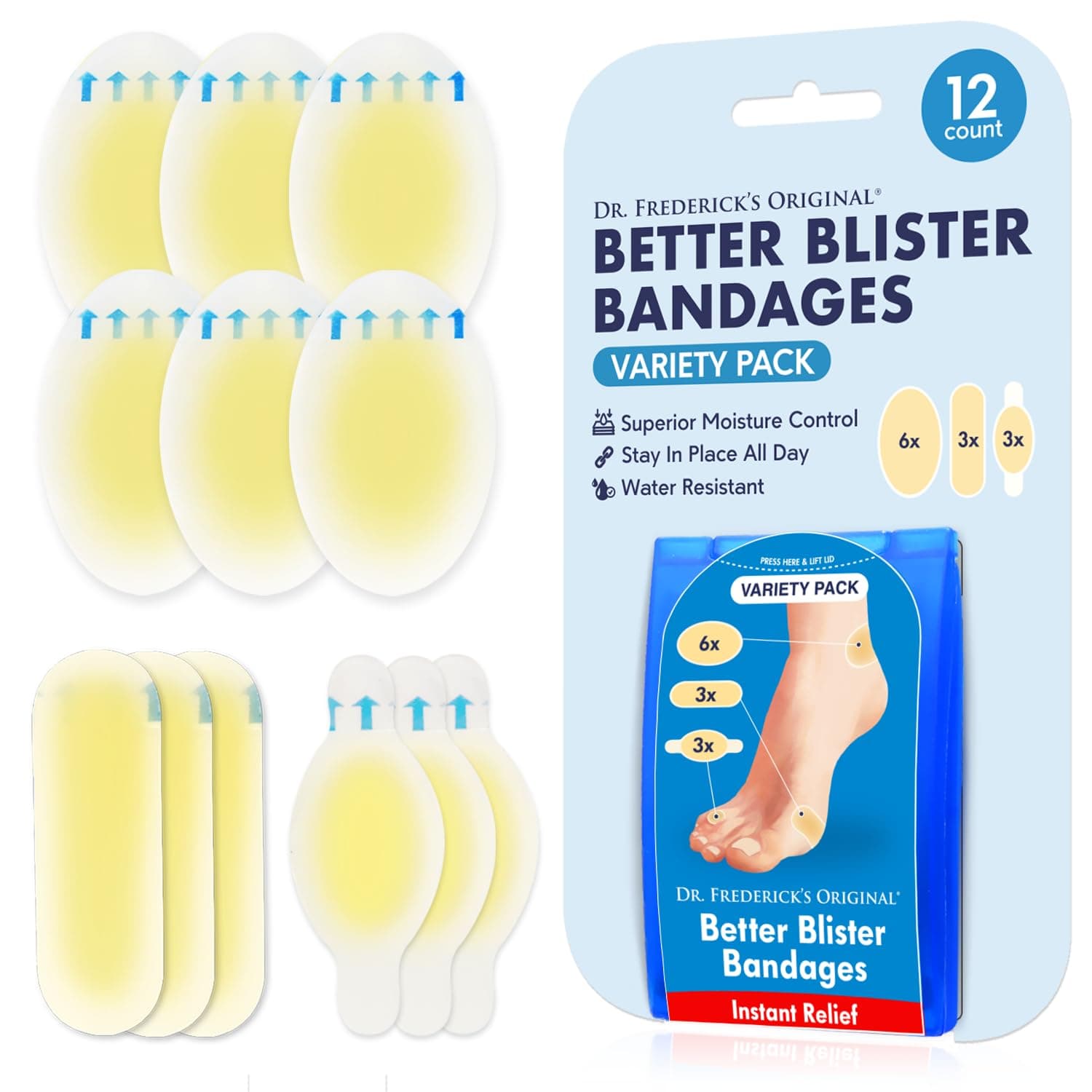 Dr. Frederick's Original Hydrocolloid Blister Bandages - 12 ct - Waterproof Heel Toe Pads - 40% More Cushioning - Blister Prevention & Treatment - Variety Pack Includes Heel, Toe, Spot Bandages