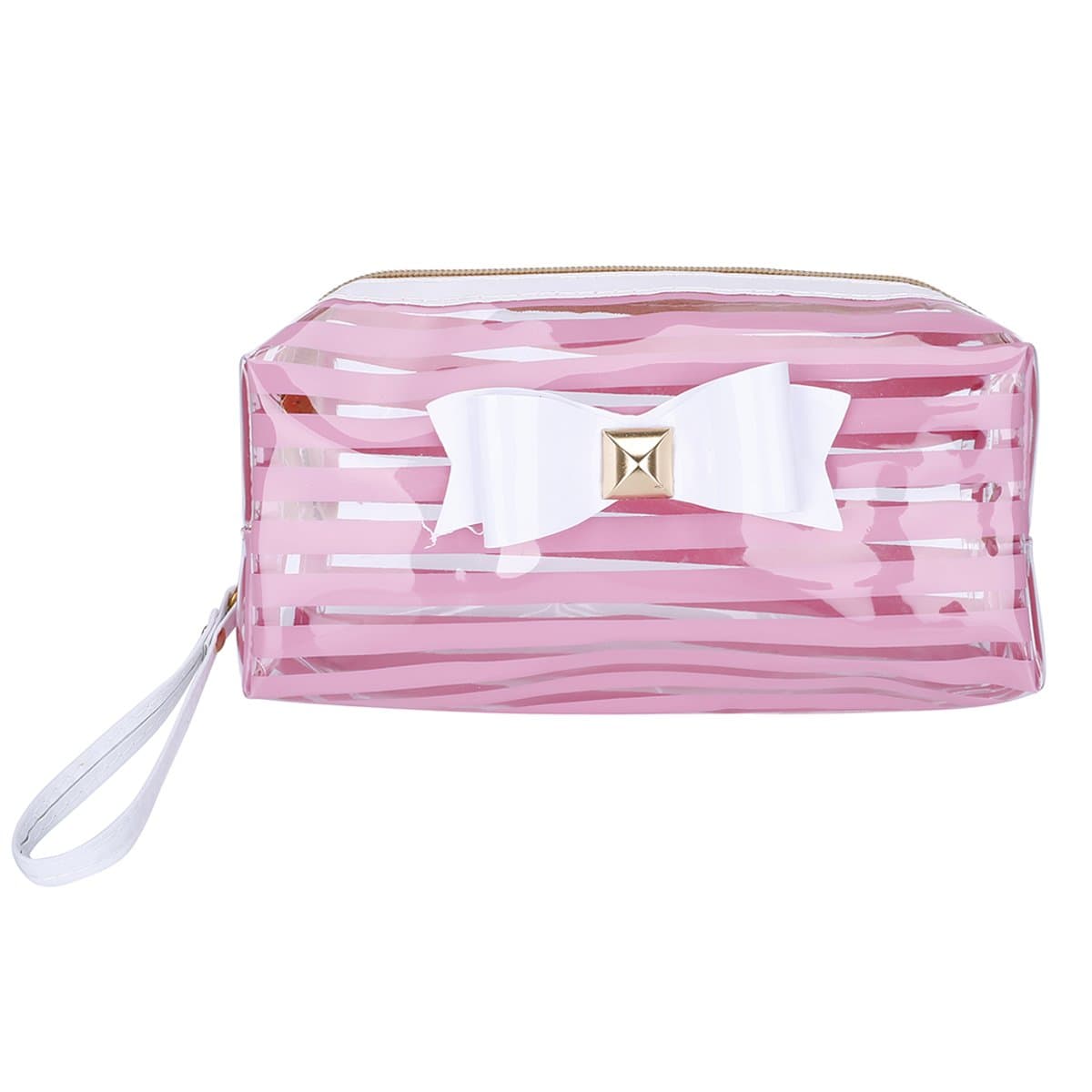 TININNA Clear Stripe Bowknot Pencil Case Pen Bag Pencil Holder Cosmetic Makeup Bag Stationery Pouch Bag for Boys Girls School Pink