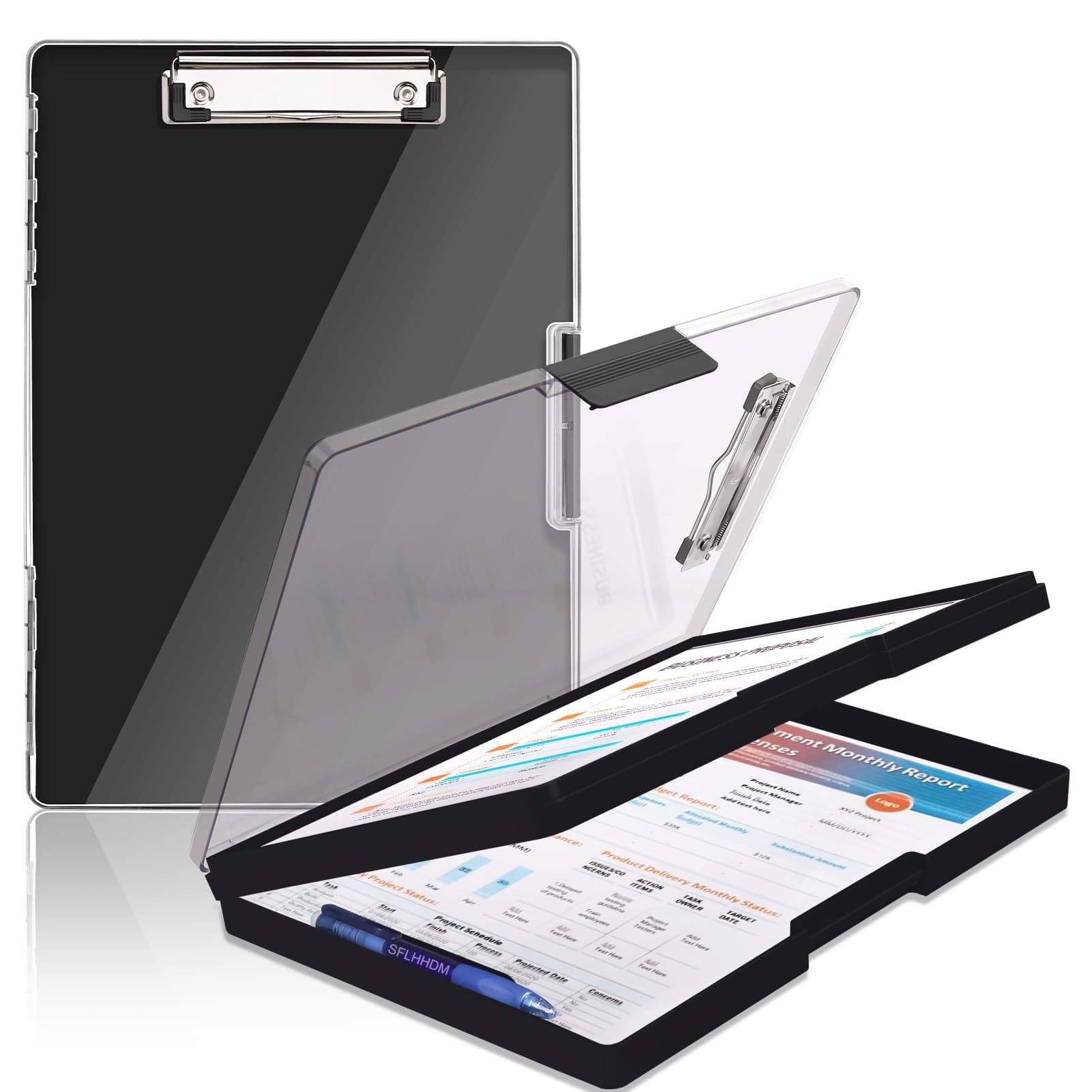 SFLHHDM Clipboard with Storage,Heavy Duty Clip Boards 8.5x11 with 2 Storage Case,Clear Visible Panel Storage Clipboards,Side Opening Nursing Clipboard Folder for Office Supplies-Black