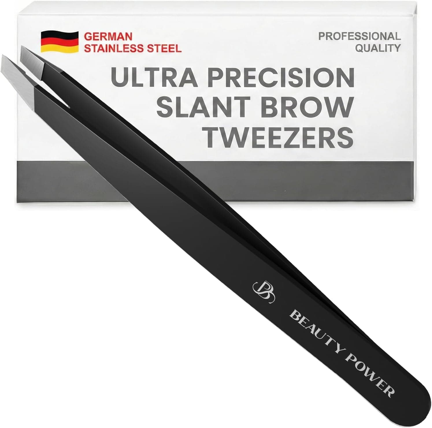 Tweezers for Women Facial Hair: Ultra Precision Tweezers for Women & Men, Sharp Slant Tweezer for Eyebrows, Ingrown Hair Removal. Professional Plucker + Case, German Stainless Steel Black