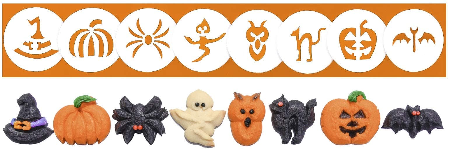 Impress Cookie Press Disks – Halloween Set of 8, Food Safe Plastic Shapes with Pumpkin, Bat, & More, Fits Many Manual Models - See Disk Sizing Image to ensure fit with your press
