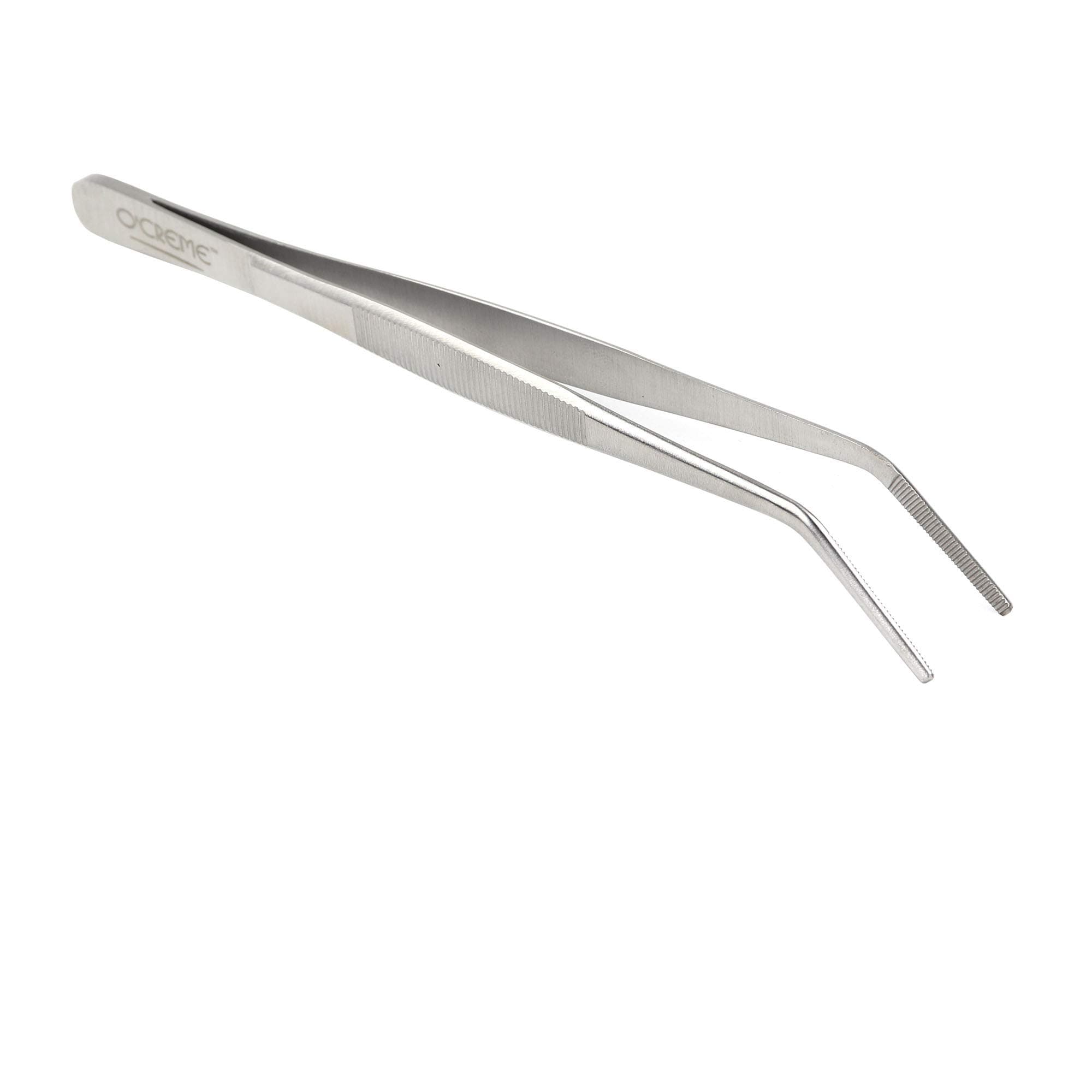 O'Creme Stainless Steel Precision Kitchen Culinary 8 Inch Tweezer Tongs (8" Curved, Silver)