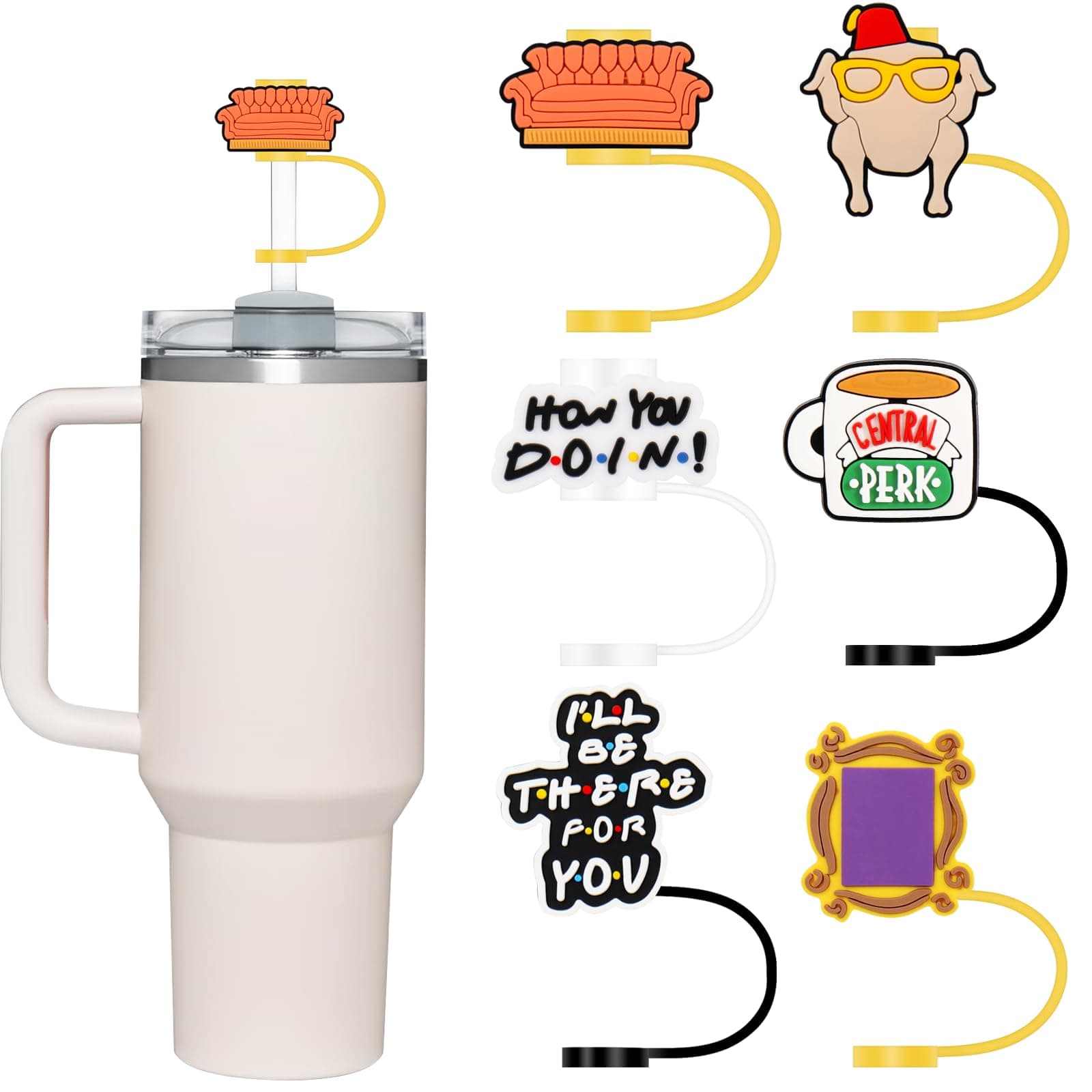 JNAB 6Pcs Silicone Straw Cover for Stanley Cup Tumbler 40 oz & 30 oz, FRIENDS Themed, Spill-Proof, Reusable, 6 Count