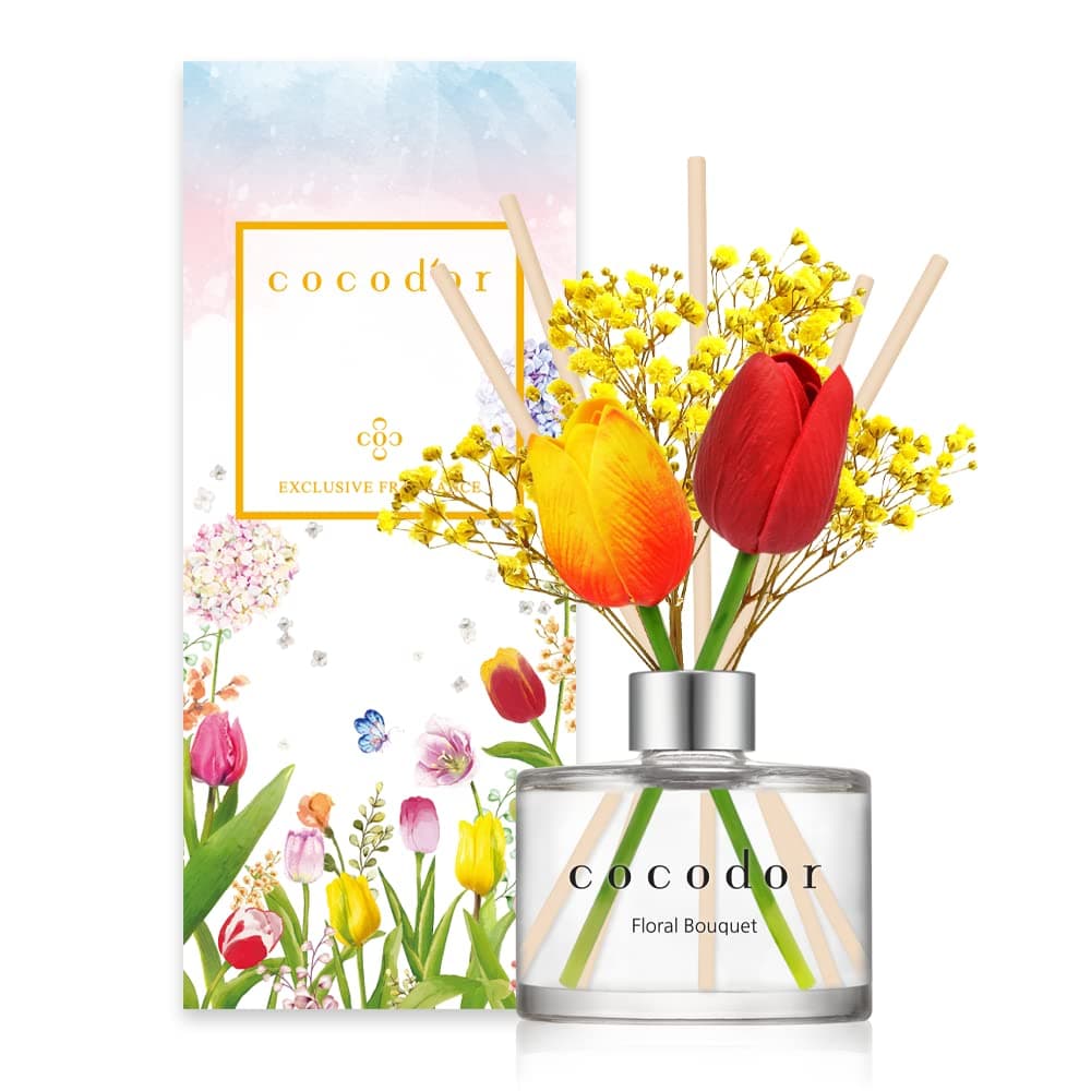 Cocod'or Tulip & Preserved Real Flower Reed Diffuser/Floral Bouquet / 6.7oz(200ml) / 1 Pack/Reed Diffuser Set, Oil Diffuser & Reed Diffuser Sticks, Home Decor & Office