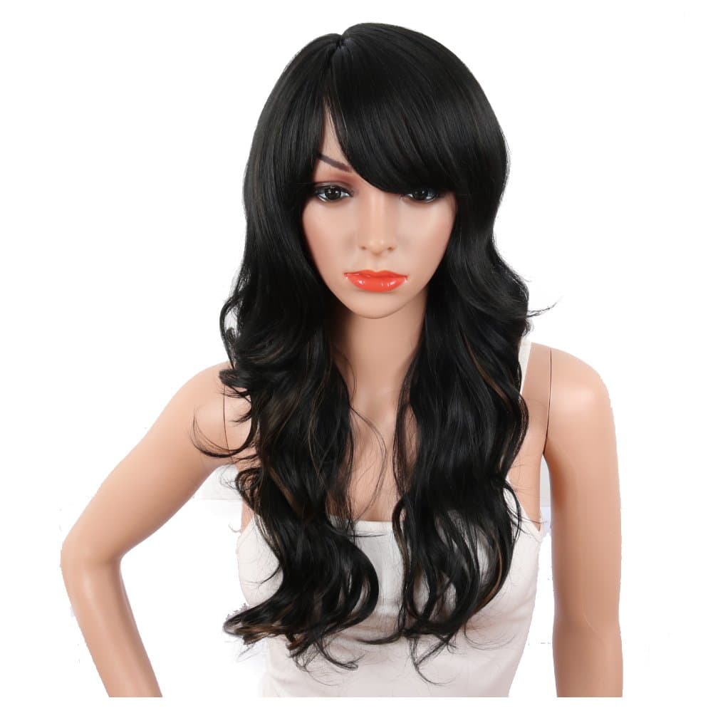 KRSI Natural Black Mixed Brown Synthetic Wigs for Black Women Long Natural Wavy Full Synthetic Hair Wigs For Women Side Parting With Bangs Heat Friendly Replacement Wigs 24 Inches (Ombre 1b/27)