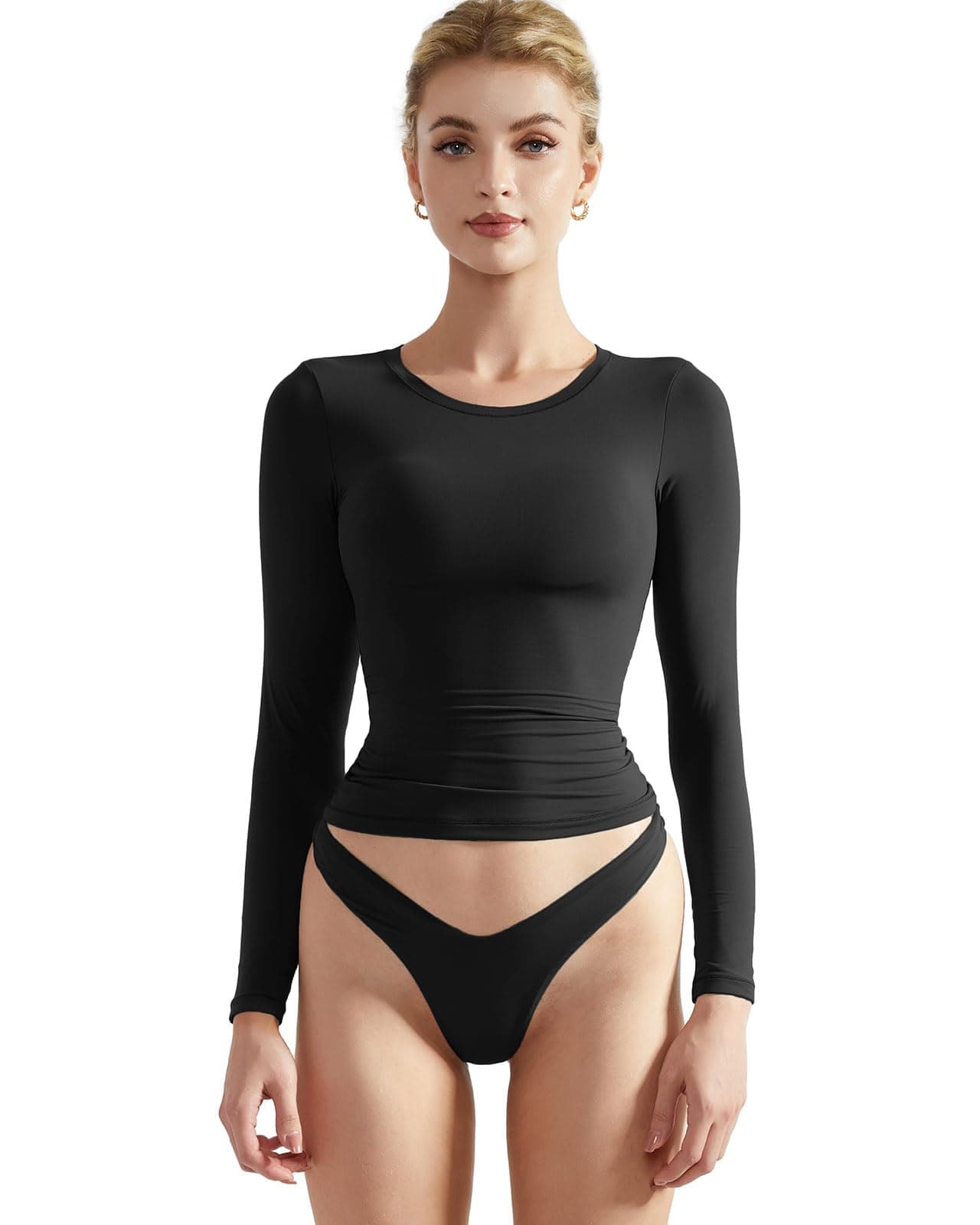 Women Double Lined Fitted Basic T Shirts Crew Neck Long Sleeve Crop Top