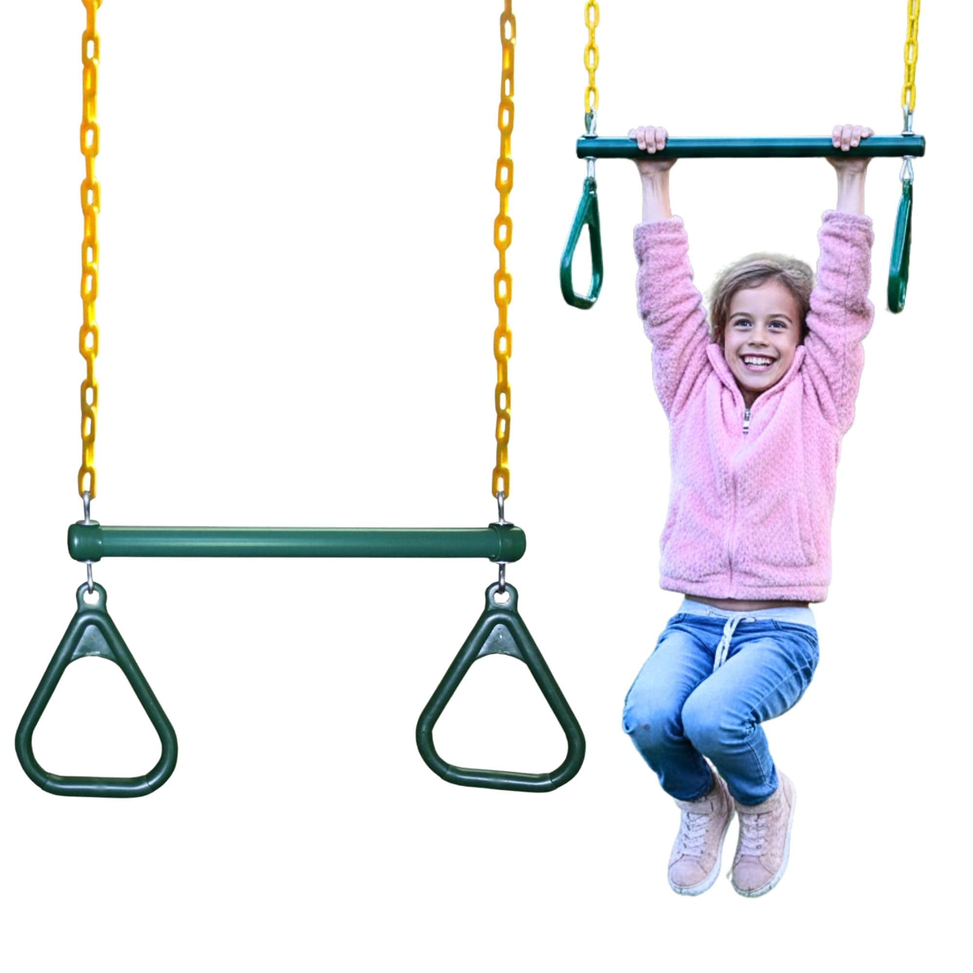 Heavy-Duty Ring Trapeze Bar Combo, Large 20" Trapeze Swing Bar with Triangular Gymnastic Rings and Pinch-Free Coated Swing Chains 43" Long