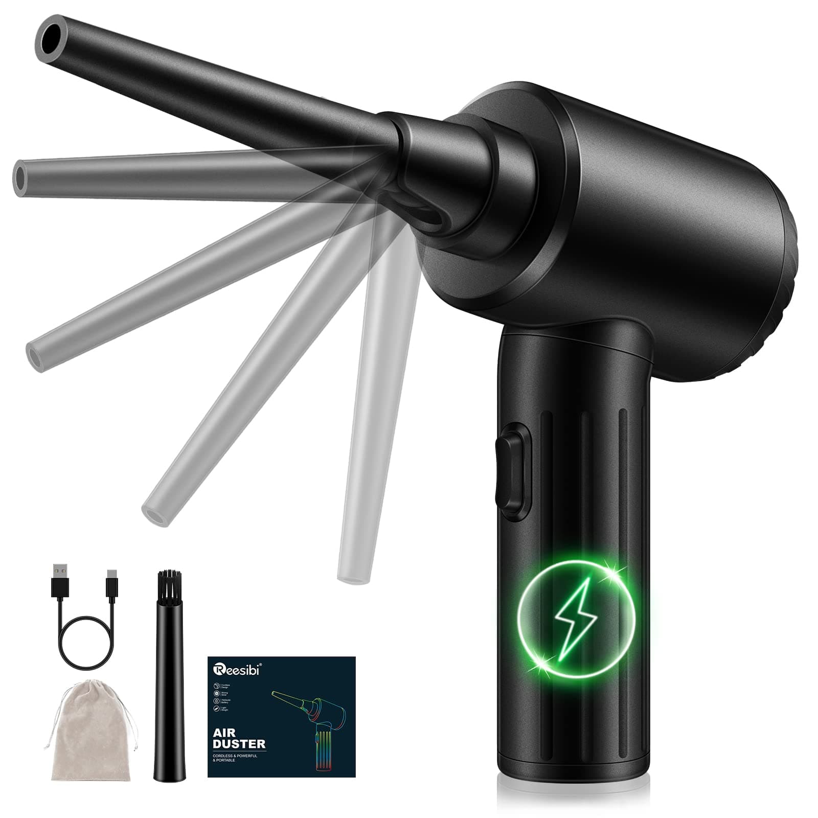 Reesibi BRUSHLESS Motor - Compressed air Duster - 3 Gear Adjustable Keyboard Cleaner for Office Good Replacement Canned Air, Electric 90000RPM Cordless air Duster Rechargeable 7500mAh