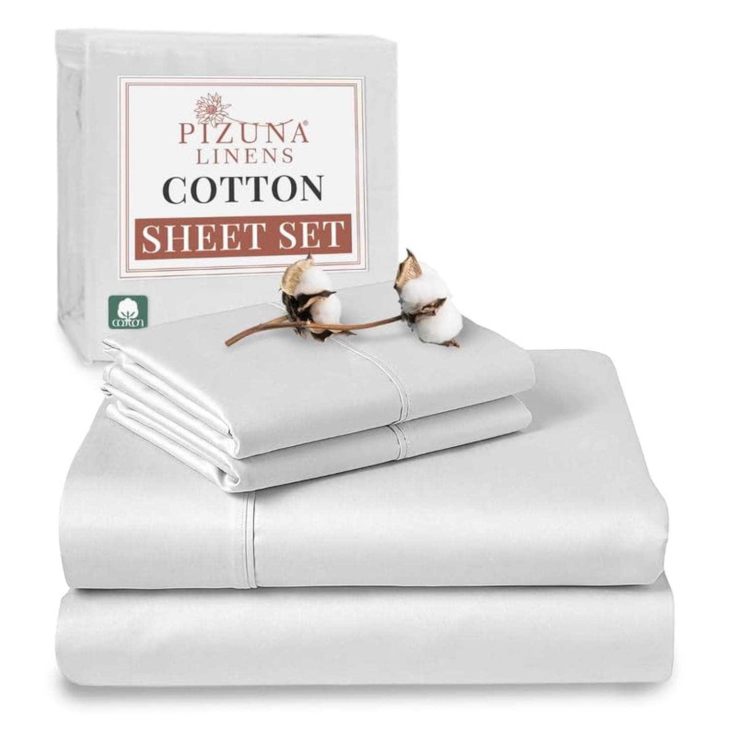 Pizuna Pure 100% Cotton Bed Sheets Queen Size Set White, Luxurious 400 Thread Count Long Staple Cotton Sateen Sheets with 15" Deep Pocket (Queen Sheet Set - 4PC)