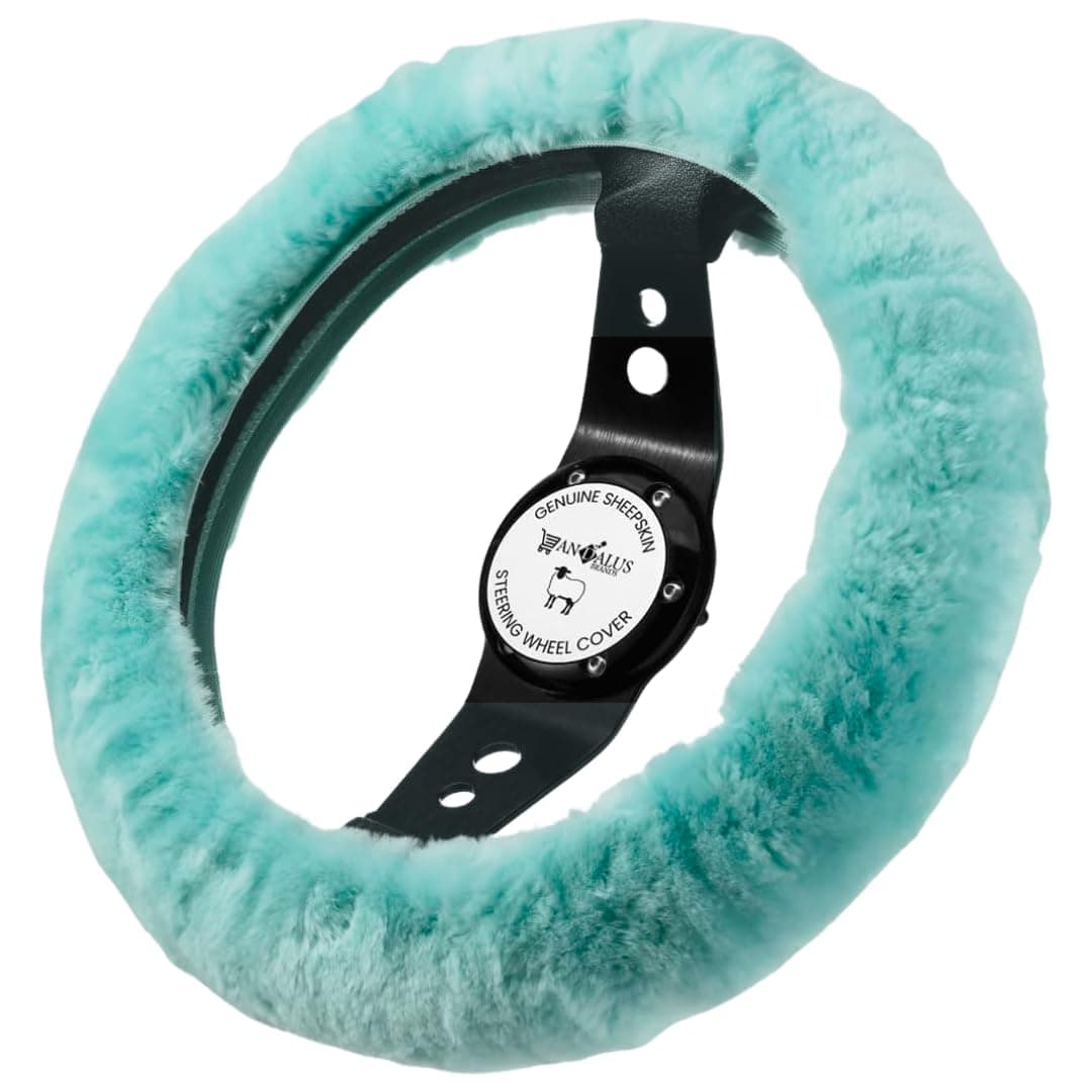 Andalus Brands Luxury Fluffy Car Steering Wheel Covers – Genuine Merino Sheepskin, Soft Fuzzy Car Steering Wheel Cover for Women, Universal 14.5-15" Size, Plush Fur Cute Auto Accessories, Mint Green