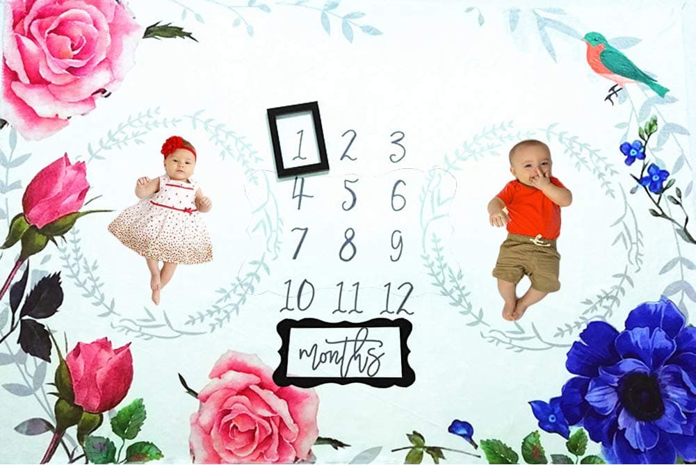 Baby Monthly Milestone Blanket, 40×60 Inches Infant First Year Flowers Milestone Blanket for Twins, Flannel Fleece,Photography Backdrop Photo Prop for Boy Girl