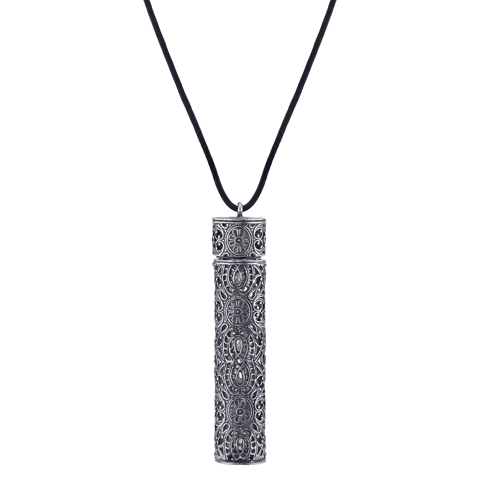 1928 Jewelry Vintage Pewter Tone Filigree Covered 7.39 Ml Glass Container Tube Vial Black Cord Pendant Necklace