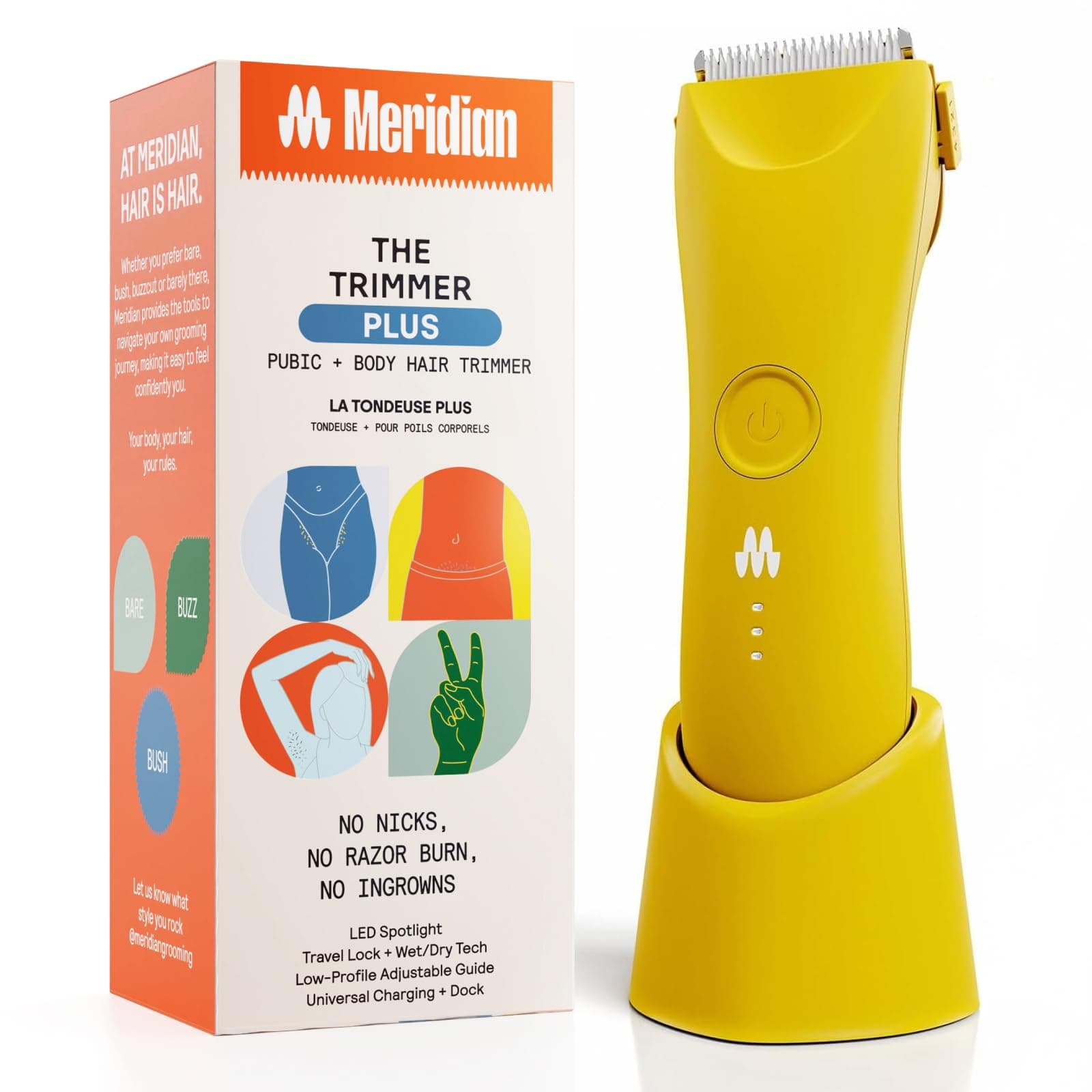 - The Trimmer Plus - Body Hair Trimmer & Waterproof Electric Shaver for Men and Women for Pubic Hair, Chest, Legs & Bikini Line, UBS-C Cable & Charging Dock Included, Solar