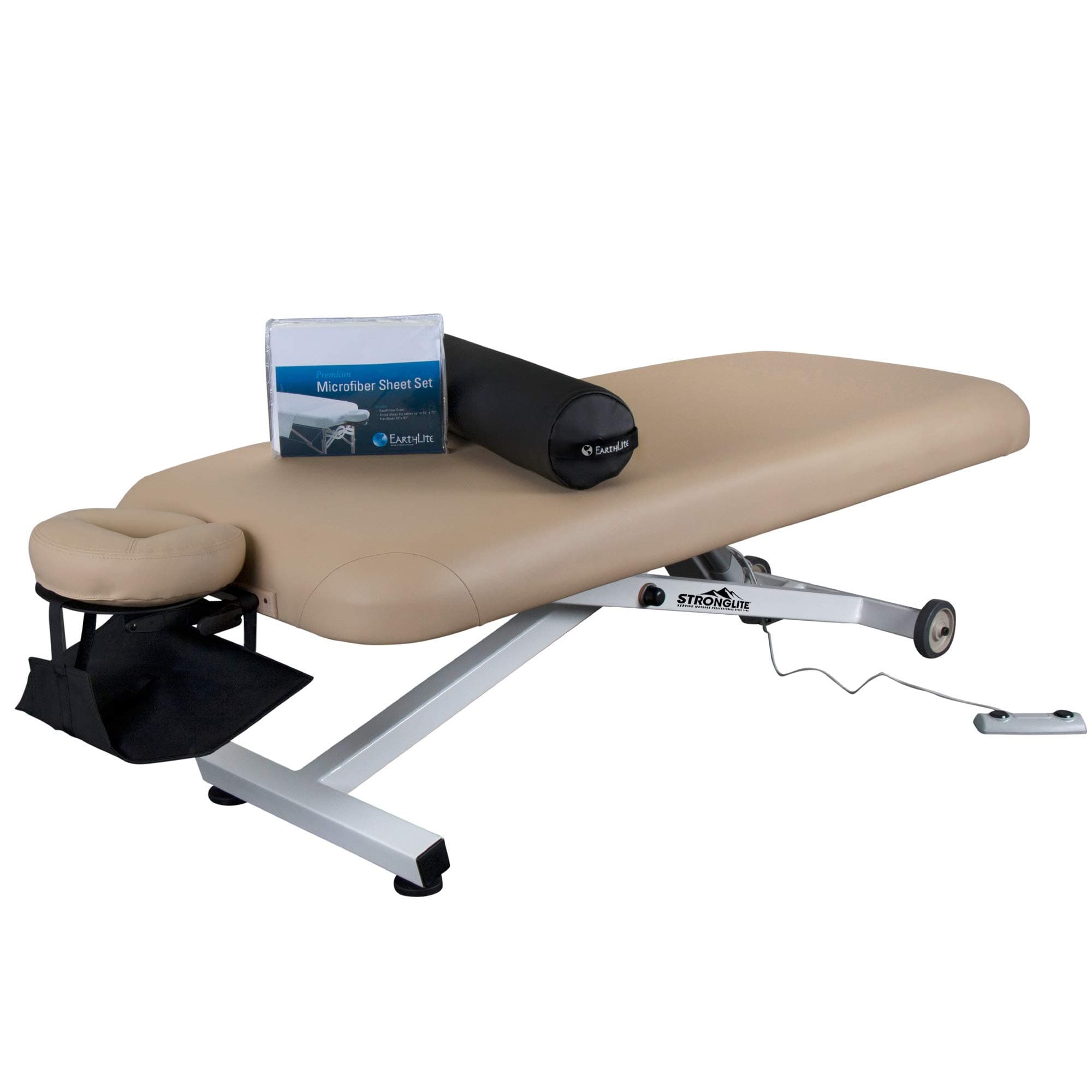 STRONGLITE Electric Lift Massage Table Ergo Lift - Our Best Value Package incl. Face Cradle, Microfiber Sheet Set, Inflatable Stowaway Bolster & Hanging Armsling (30"x73")