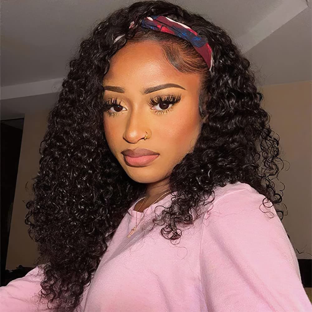 CYNOSURE Headband Wig Human Hair Wigs for Black Women 9a None Lace Front Wigs Human Hair Deep Wave Wig Natural Black Color 180% Density (16, Deep Wave Wig)