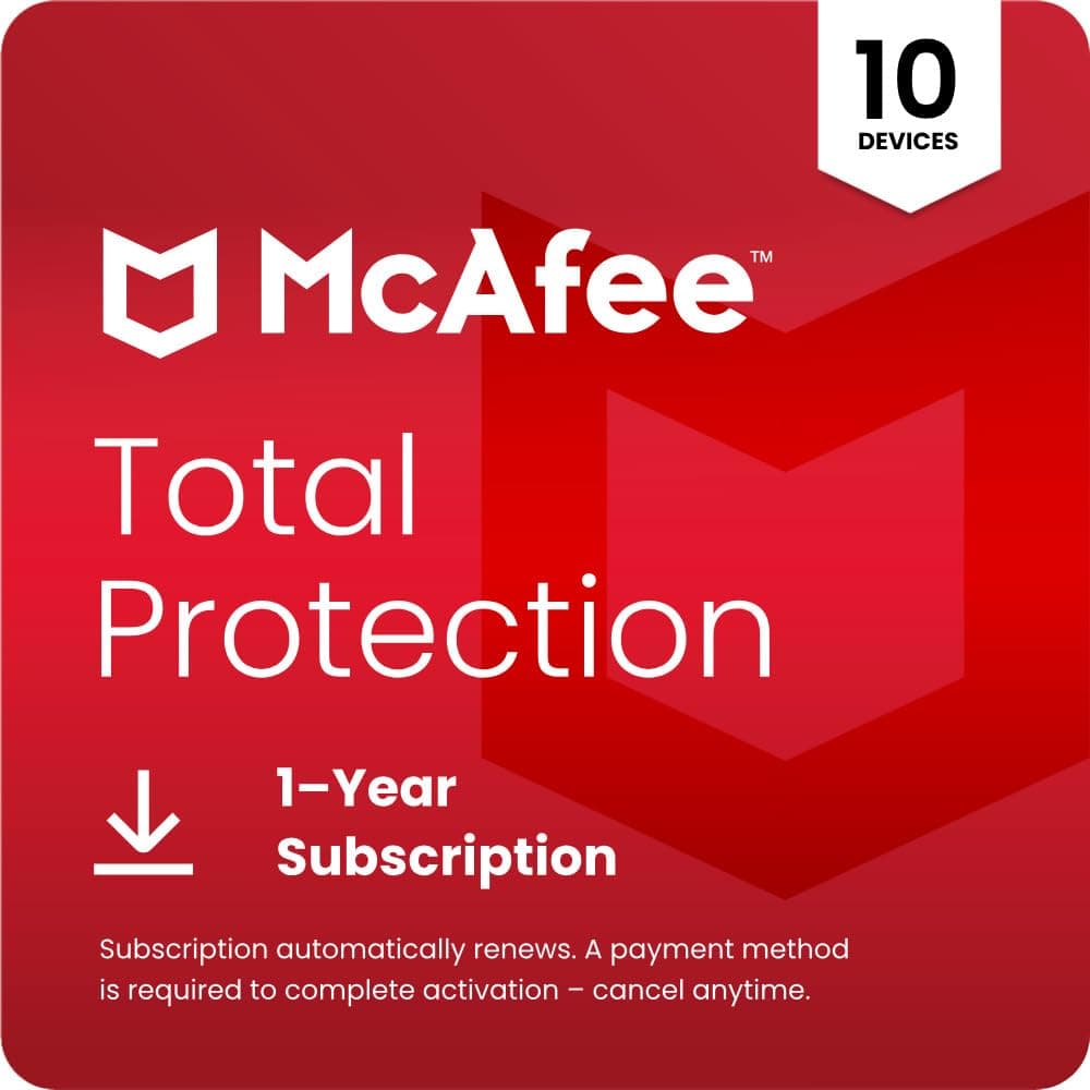 McAfee Total Protection 10-Devices 2026 | Security Software Includes Antivirus, VPN, Scam Protection, Identity Monitoring | 1-Year Subscription with Auto-Renewal | Digital download