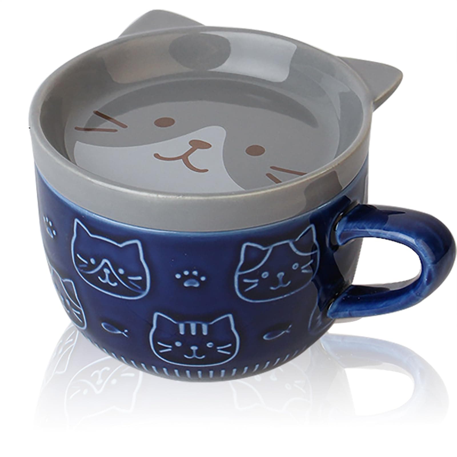 Avettcit Cute Cat Mug with Lid,Japanese Cute Mug,Ceramic Breakfast Milk Tea Mug,Animal Cup Coffee Set,Gifts for Women,Valentines Mothers Day Easter Present,Grey cat