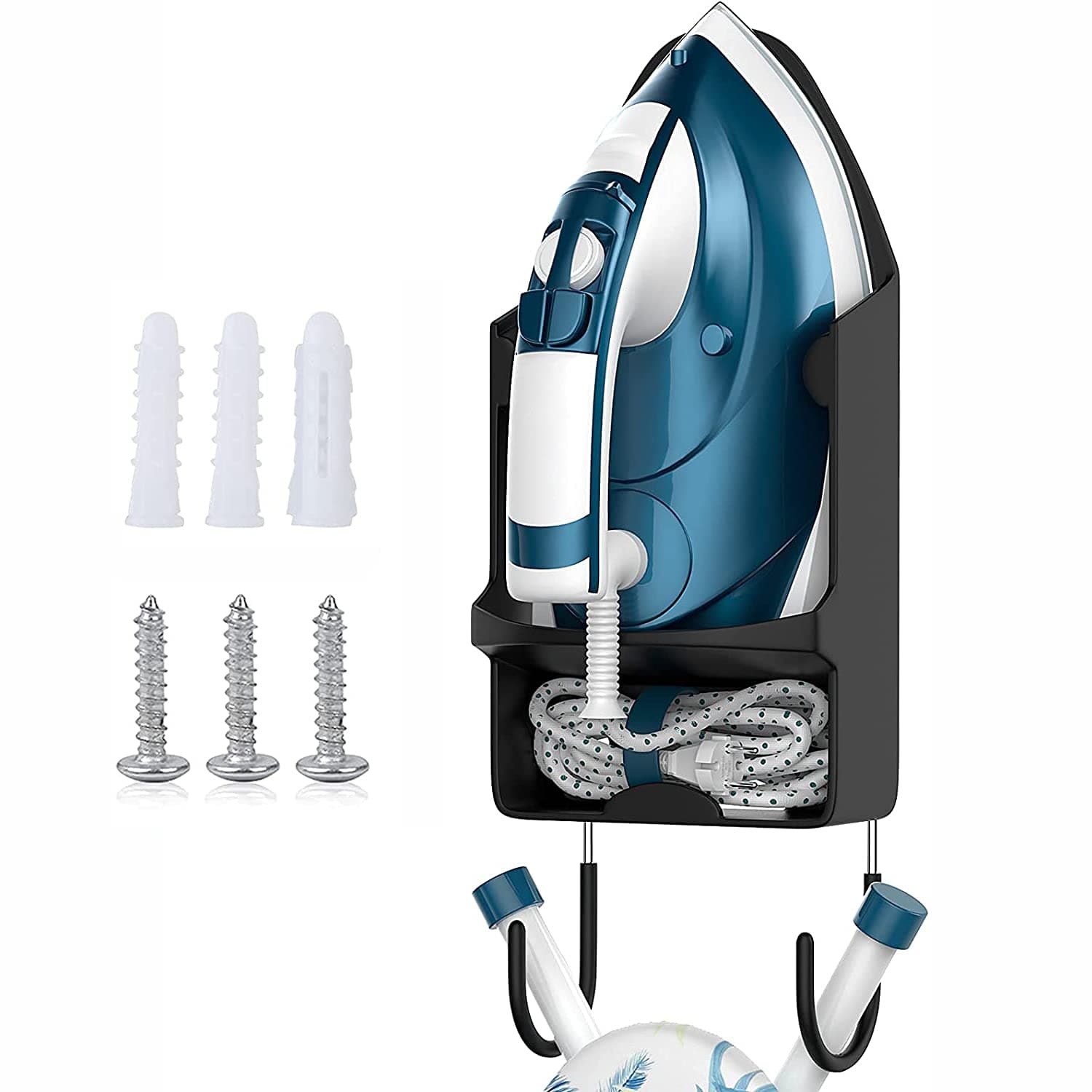 Angju Ironing Board Hanger Wall Mount, Electric Iron Holder Laundry Room Iron and Ironing Board Storage Organizer Shelf with Removable Hooks for Household Bathroom Cabinet