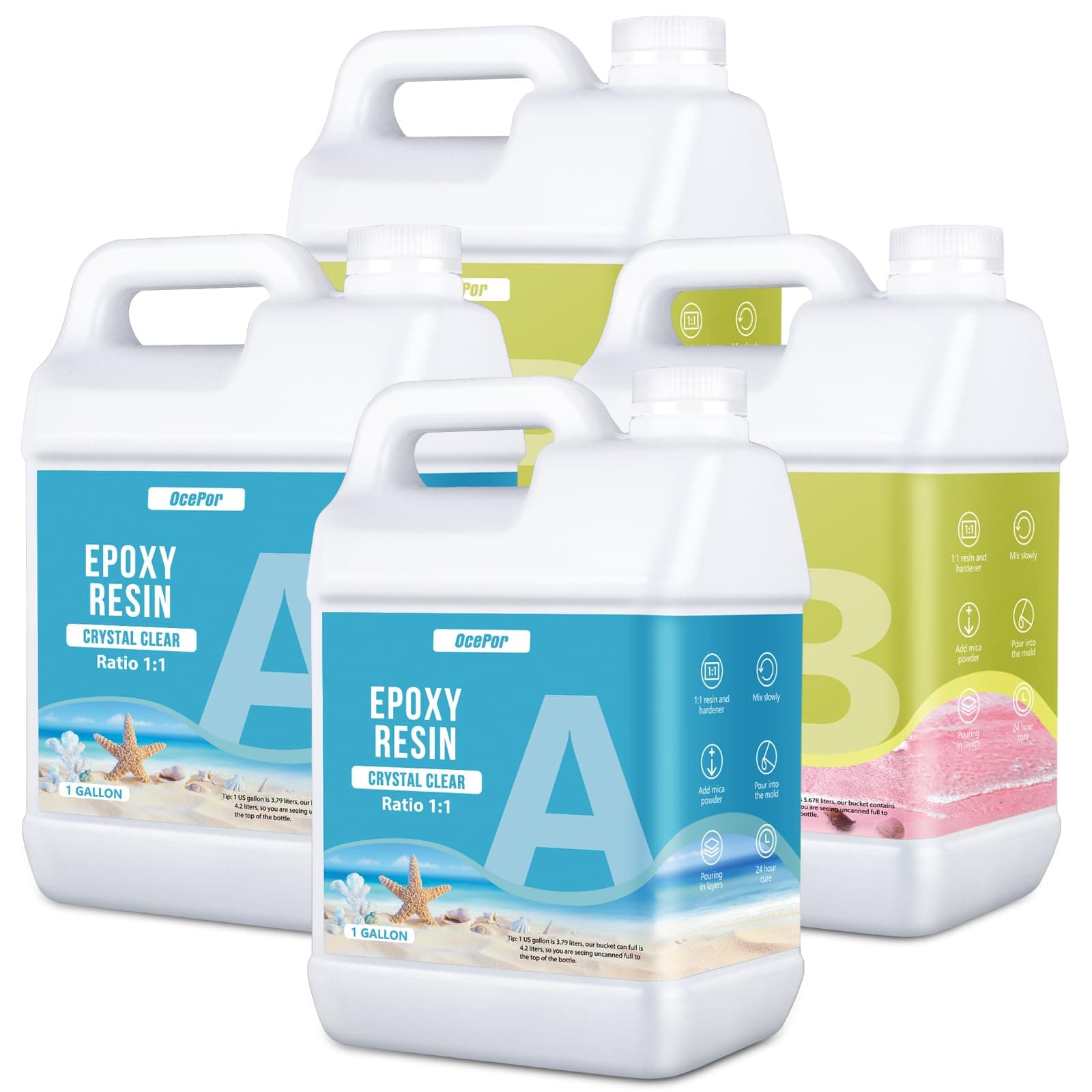 OcePor Epoxy Resin-4 Gallon, Crystal Clear Epoxy Resin Kit, No Yellowing No Bubble Art Resin Casting Resin for Art Crafts, Jewelry Making, Wood & Molds(2 Gallon x 2)