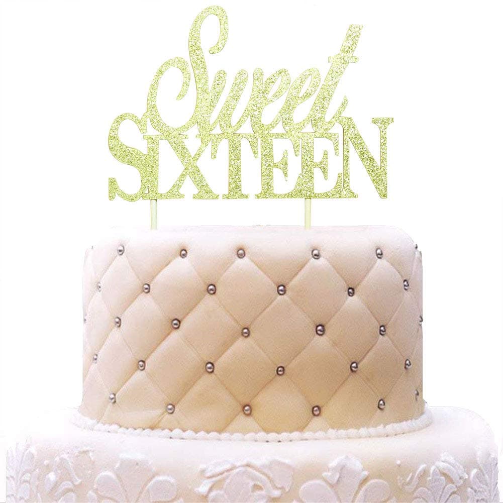 Sweet Sixteen Cake Topper - Sweet 16 - Happy 16th Birthday Party Decorations Gold Glitter