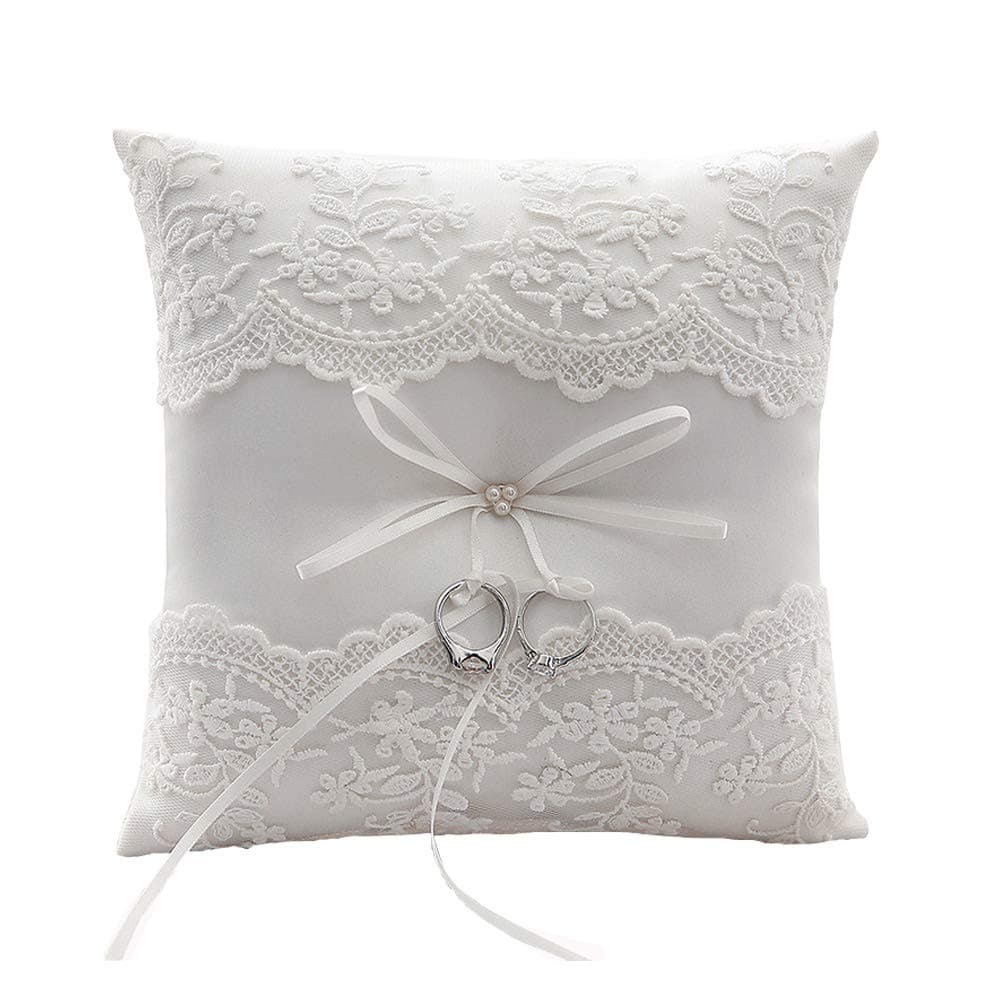 Ring Bearer Pillow Ivory, Wedding Ring Pillows, Personalize Wedding Rings Holders with Beautiful lace & Flower 7.9" x 7.9"(Lvory White)