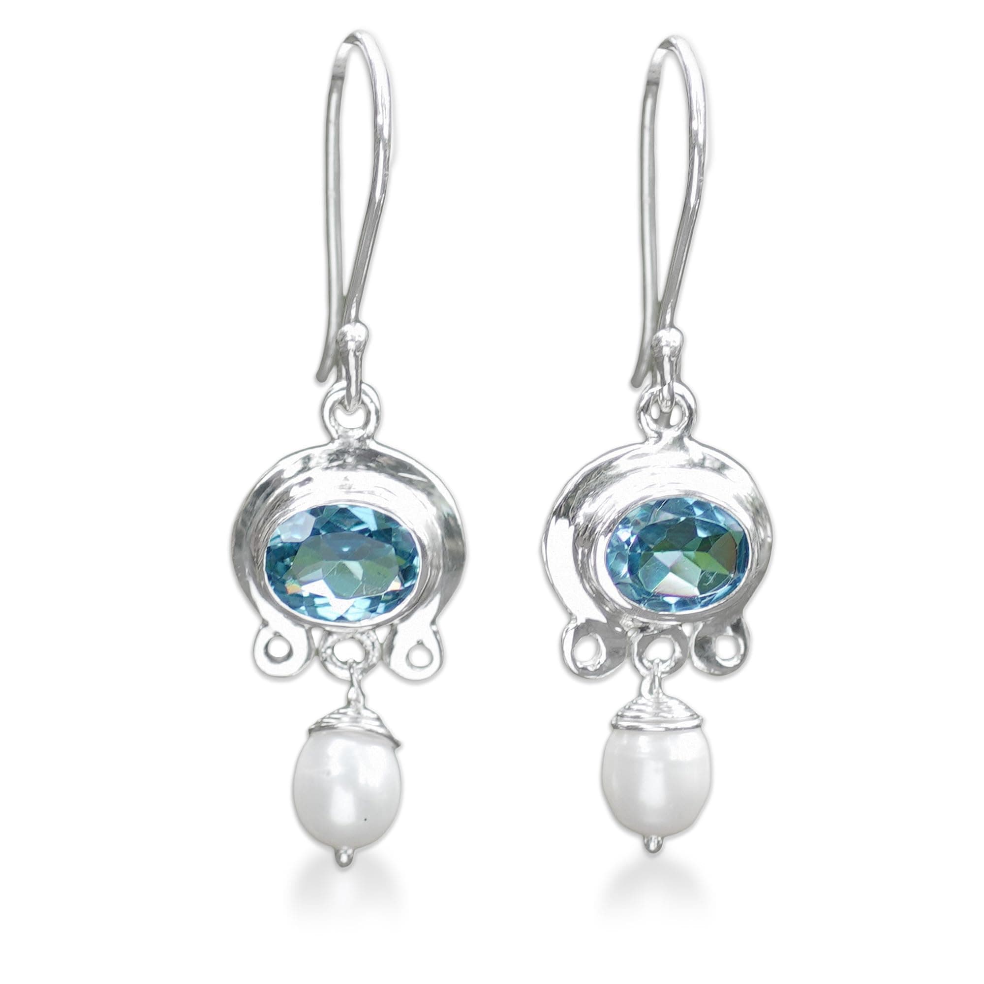 Artisan Handcrafted Cultured Freshwater Pearl Blue Topaz Dangle Earrings | Pearl Silver Sterling Sky Fantasy Dangle Earrings | Gemstone Birthstone Themed Earrings Topaz Wedding Bridal Earrings