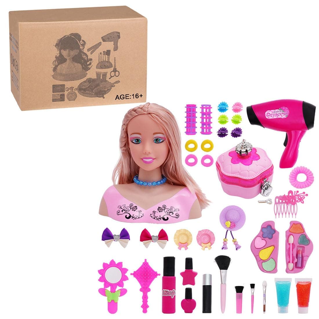 Girl's Pretend Play Half Action Figure Styling Head Doll with Hair Dryer Accessories for Makeup Practice, 39PCS-Style C