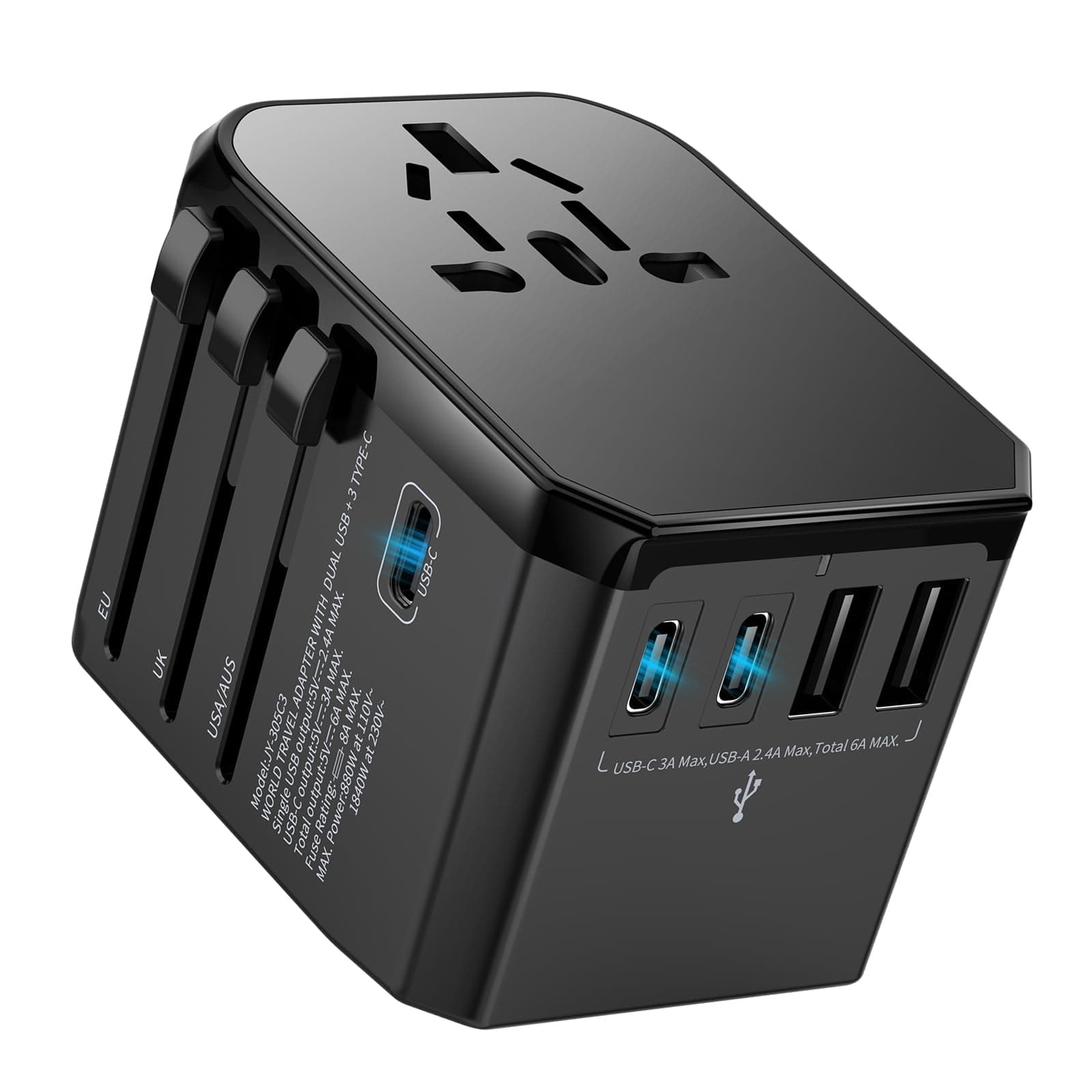Universal Travel Adapter International Plug - European Travel Plug Adapter Worldwide US AUS EU UK Spain Germany Ireland Italy - All-in-one Travel Outlet Power Adapter with 3 USB C 2 USB A