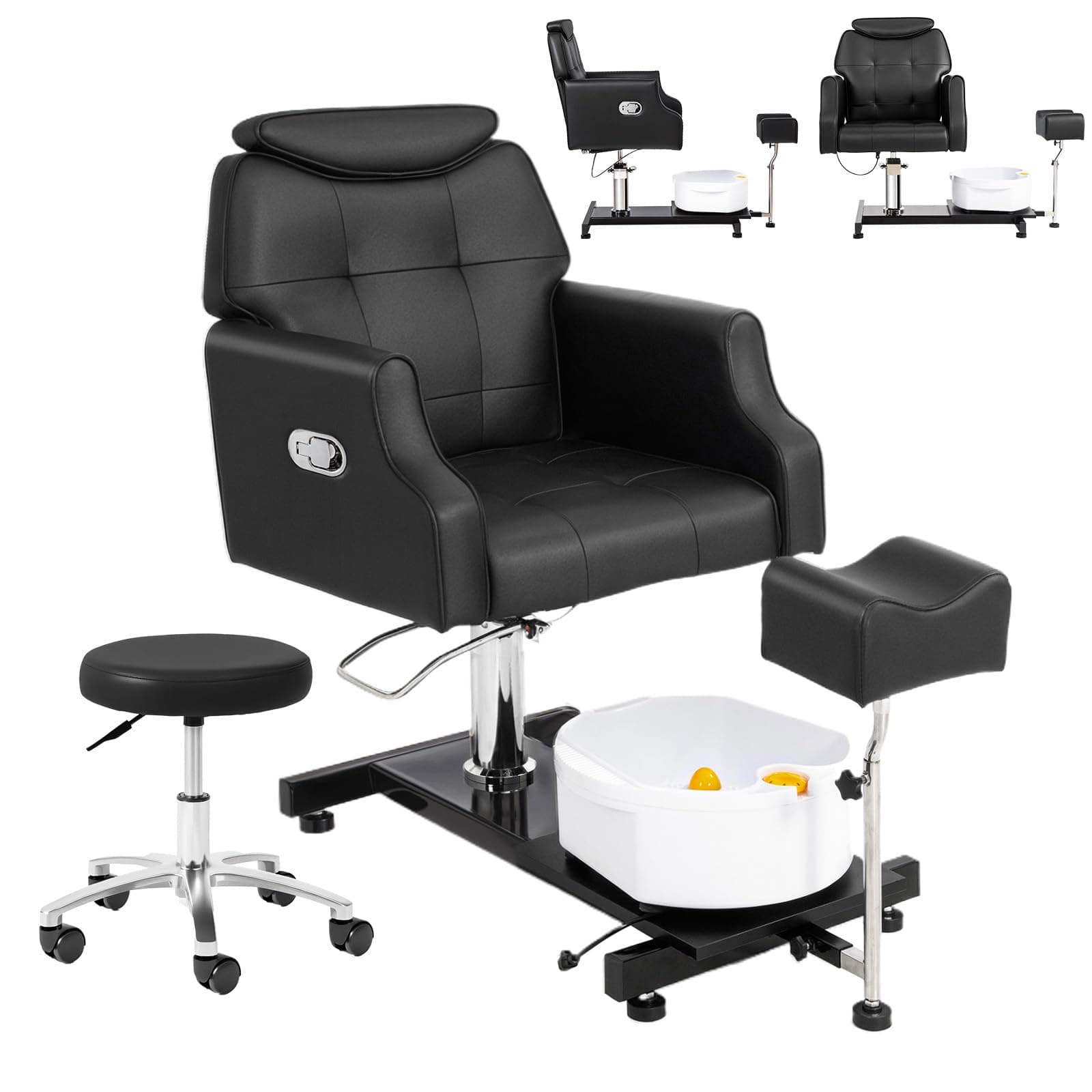 OmySalon Pedicure Chair w/Stool & Bubble Massage Foot Bath, 360° Rotation Hydraulic Adjustable Seat, Pedi Station for Foot Nail Tech Beauty Spa Salon Home Use (Black)