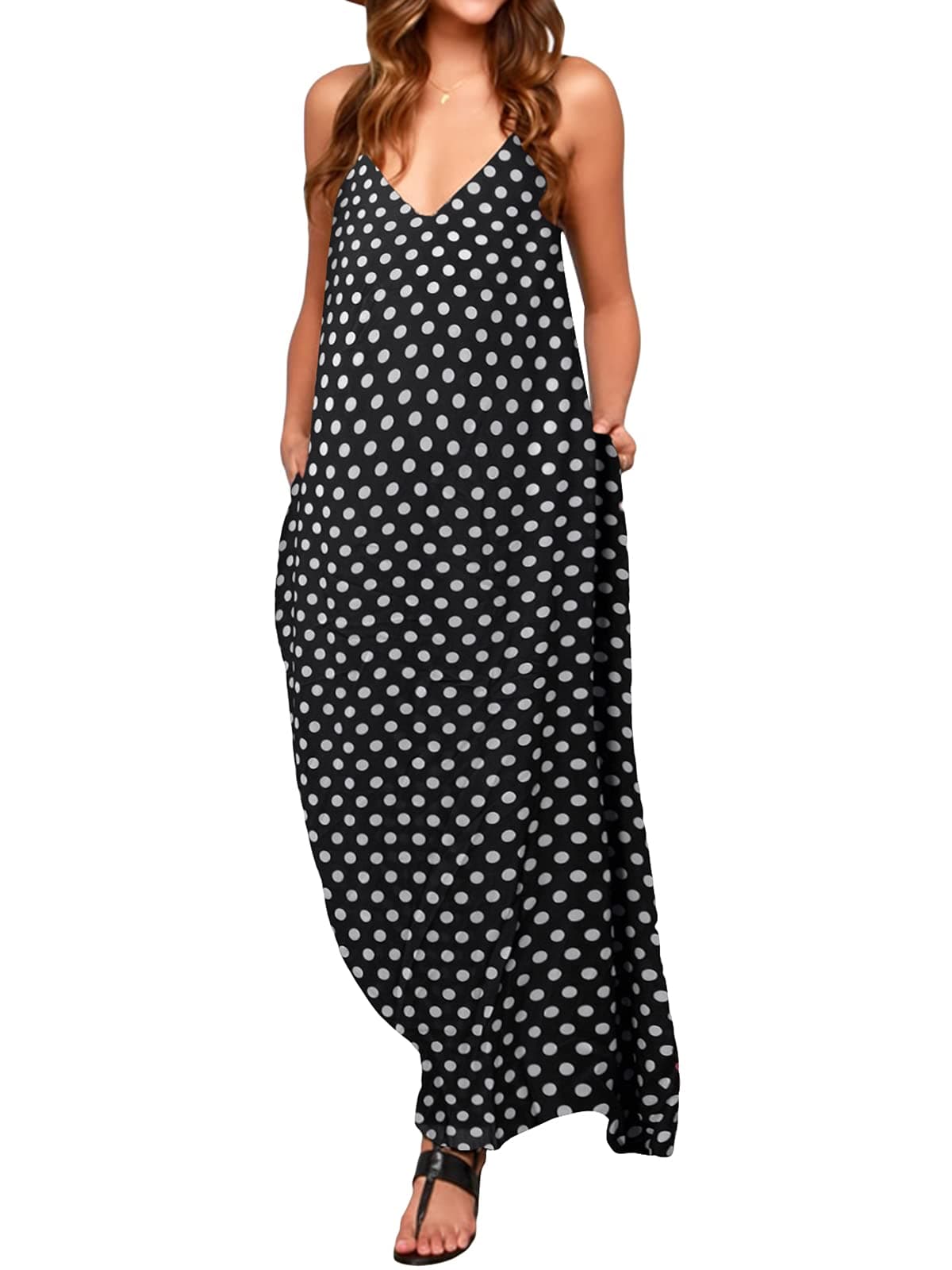 ZANZEA Womens Polka Dot Maxi Dress Casual Summer Floral Print Long Boho Beach Sundress Plus Size 01 Black US 4
