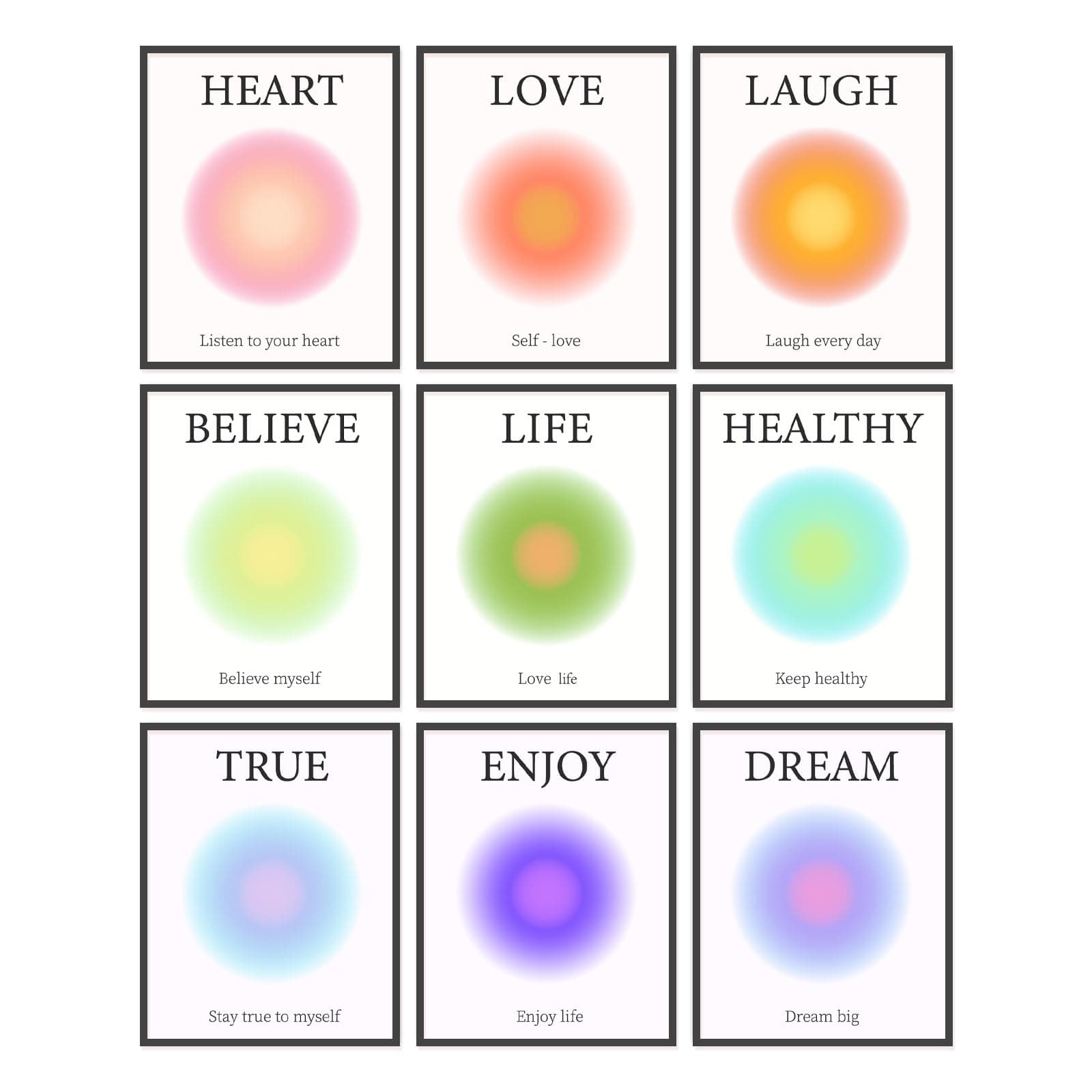 ORIGACH Positive Aura Posters, Mind Body Soul Spirit Journey Print Set of 9, Colorful Aura Poster Set, Grainy Gradient Canvas Wall Art for Room Aesthetic, Unframed 8x10in