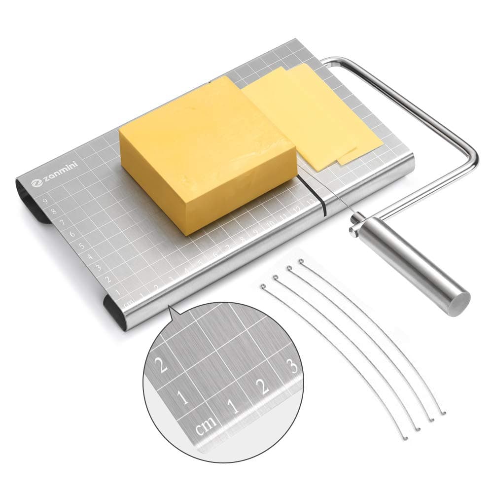 Zanmini Cheese Slicer, Stainless Steel Cheese Wire Cutter with Accurate Size Scale,4 Replaceable Cheese Wire,Cheese Slicers with Serving Board for Semi Hard Cheese Butter,9.53x9.21x0.79 inches(Silver)