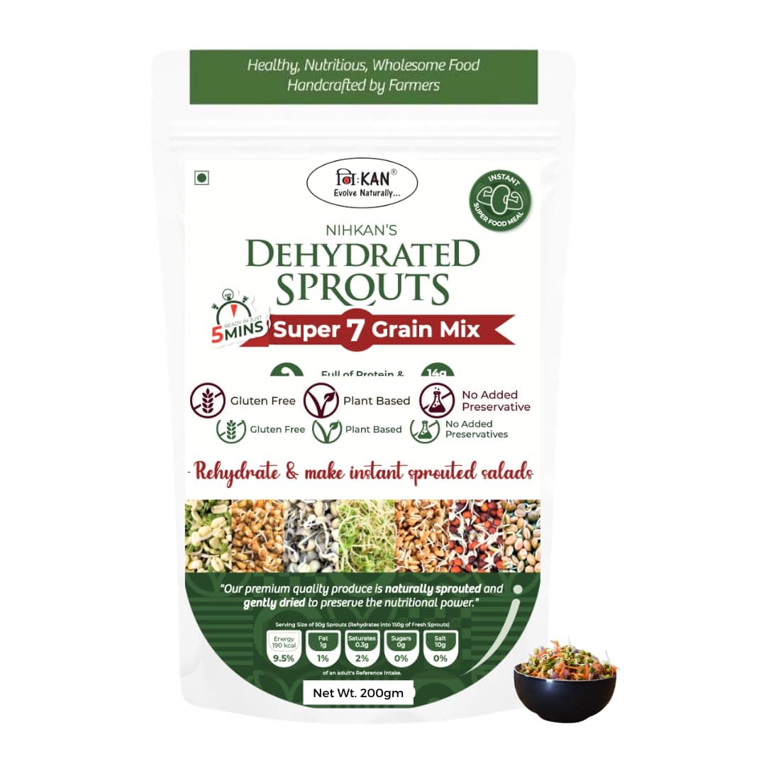 NIHKAN Dehydrated Sprouts - 7 Grains Mix | Instant 5 min Protein Snack | Ready Sprouted seeds| Natural Plant Superfood - 28g Protein per 100g | Dehydrated - 200 g