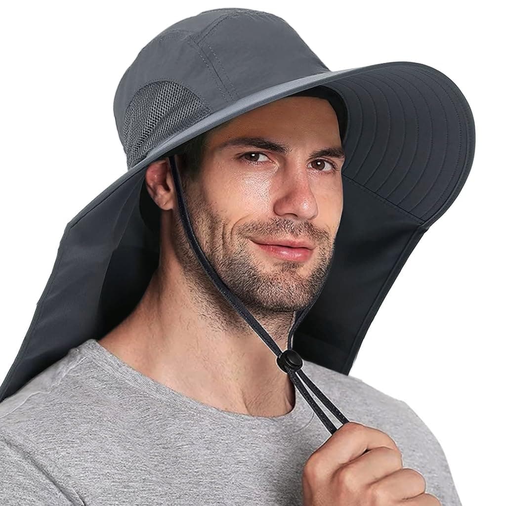 GUSTAVE Unisex Universal Sun Hat - Wide Brimmed Uv Protection Hat with Neck Flap & Adjustable Windproof Chin Strap, Breathable Polyester Material -Fits 22"-24" Heads