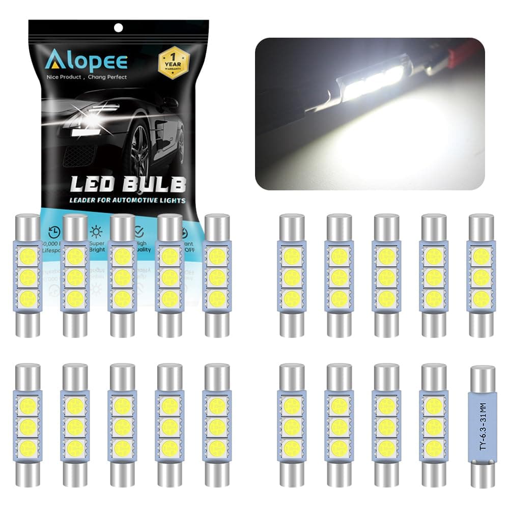 Alopee 20-Pack 6614 6614F LED Bulb 30mm(1.18") 31mm(1.22") 50 Lums White 3SMD 5050 Chips, 6612F LED Bulbs for Cars Interior Sun Visor Vanity Mirror Lights, License Plate Light