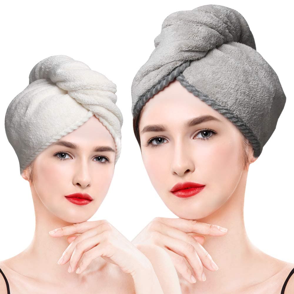 LEARJA 2 Pack Microfiber Hair Towel, Quick Dry Hair Towel, Hair Towels for Women, Hair Towel Wrap, LEARJA Twisty Turban Hair Towel, Long & Curly Hair Towel(White+Gray)