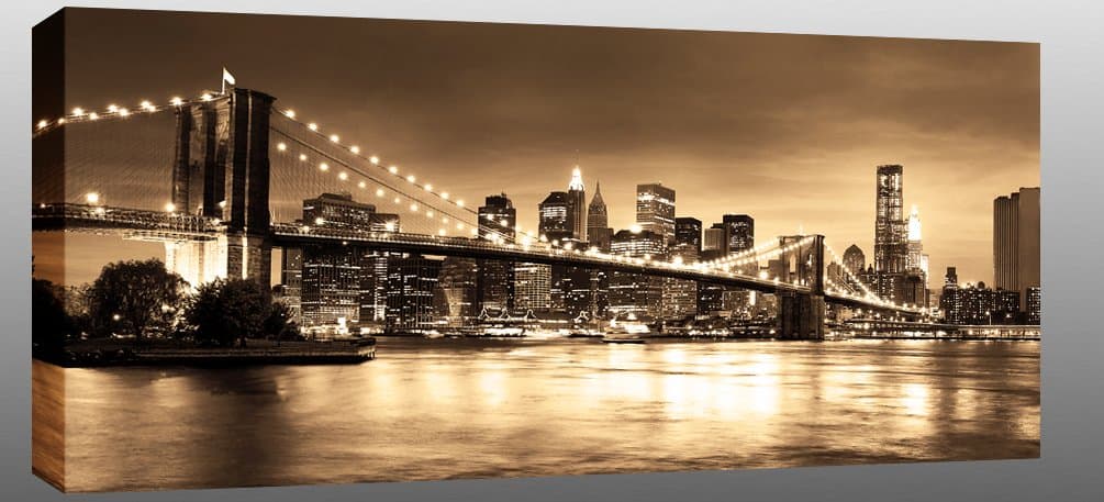 CITYSCAPES LARGE NEW YORK BROOKLYN BRIDGE SEPIA BROWN CANVAS PICTURE ARTWORK mounted and ready to hang 40 x 20 inches (102 x 51 cm) 2cm frame