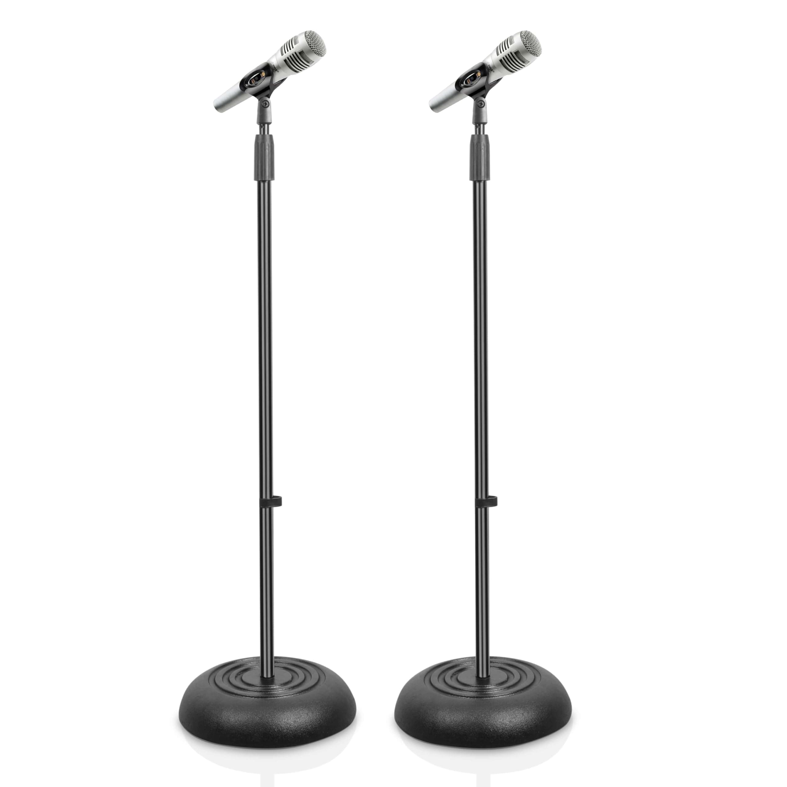 Universal Microphone Stand - Handheld Mic Compatible, Heavy Compact Base, Lightweight & Compact Design, 2.8 to 5 Ft Height Adjustable Clamp, Pivot Angle Clip, Home/Studio Use (Pair)