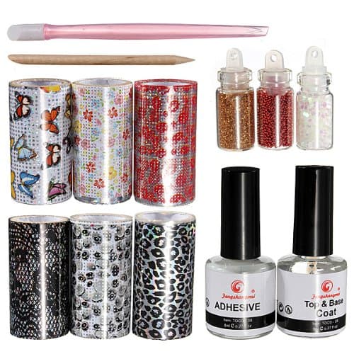 Nail Art Foils Transfer Glitter Tips Adhesive Top Coat Set
